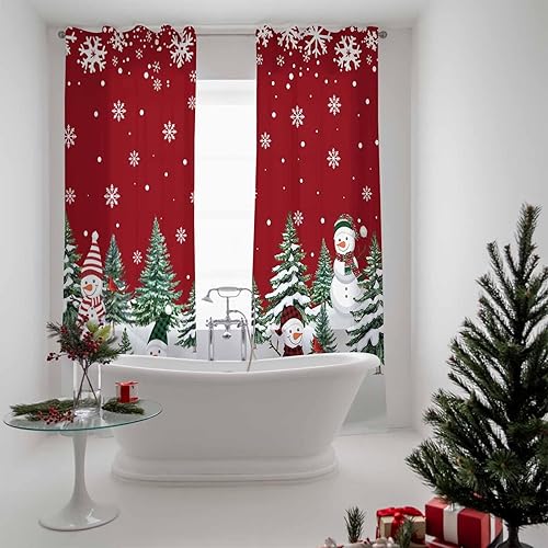 Miniatura 5 de Cortinas semitraslúcidas de muñeco de nieve de Navidad de 84 pulgadas de largo, cortinas con filtro de luz para ventana roja, cortinas con bolsillo