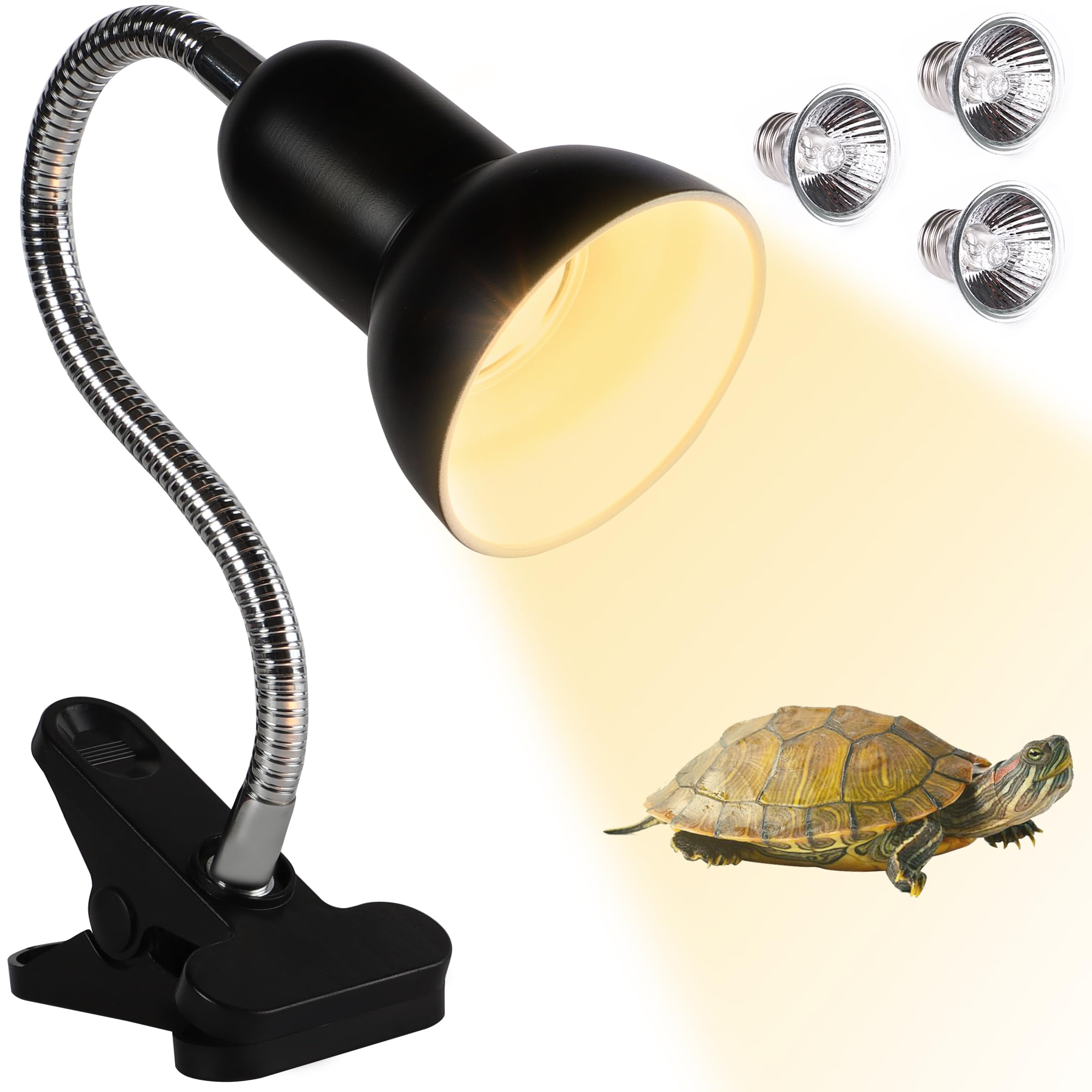 DONGTATA Tortoise Heat Lamp with 2 Γ 50W & 1 Γ 25W UVA UVB Bulbs Basking Light with 360Β° Swivel Clamp Stand and Flexible Gooseneck for Reptile Terrarium Aquarium