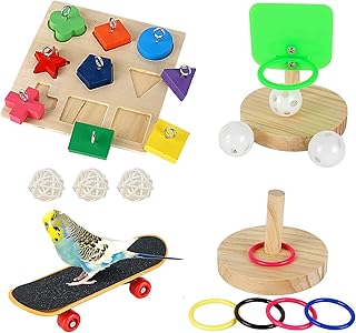 4Pcs Bird Training Toys Set Intelligence Toy Included Wooden Block Puzzle Toy, Training Basketball, Colorful Stacking Rings, Mini Skateboard Toy for Parrots Budgies Cockatiel Parakeet #7