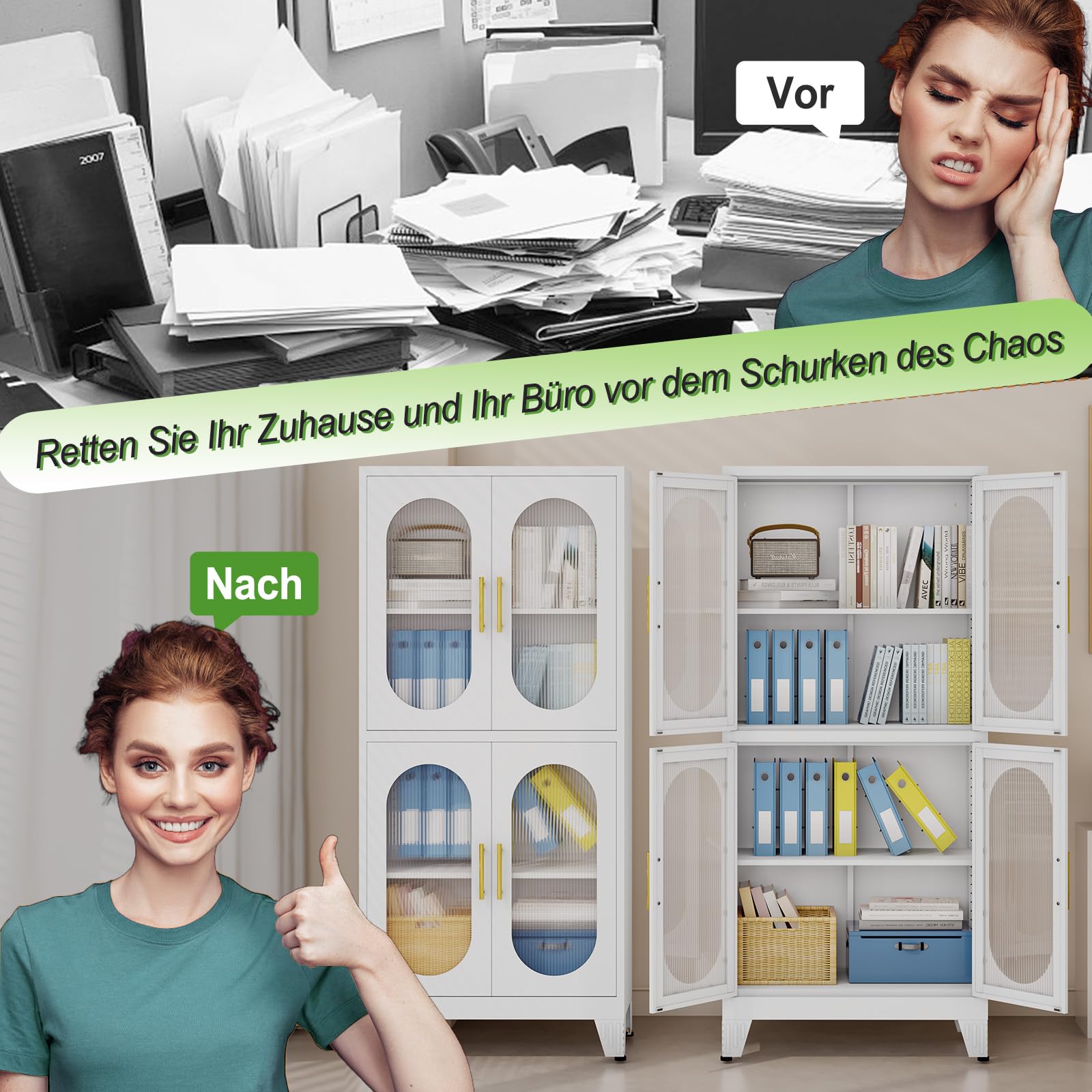 155㎝ H Metallküche Speisekammer Aufbewahrungsschrank, freistehender Schrank mit 4 Acrylglastüren und 2 verstellbaren Regalen, stehende Aufbewahrung für Küche, Bad, Garage oder Esszimmer (Weiß)