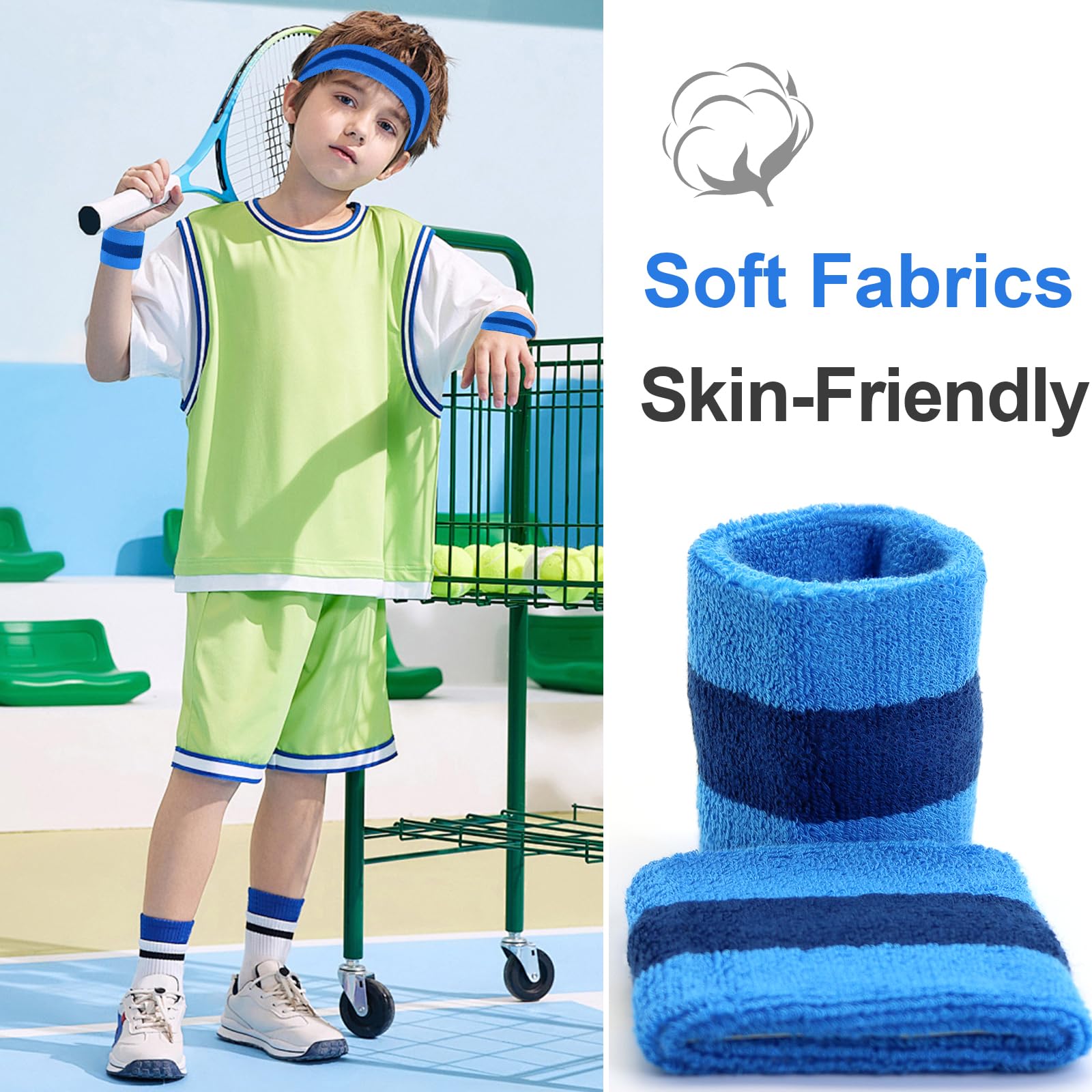Kids Sweatbands Headband Wristband Set, Athletic Cotton Sweat Band for Sports - Image 2