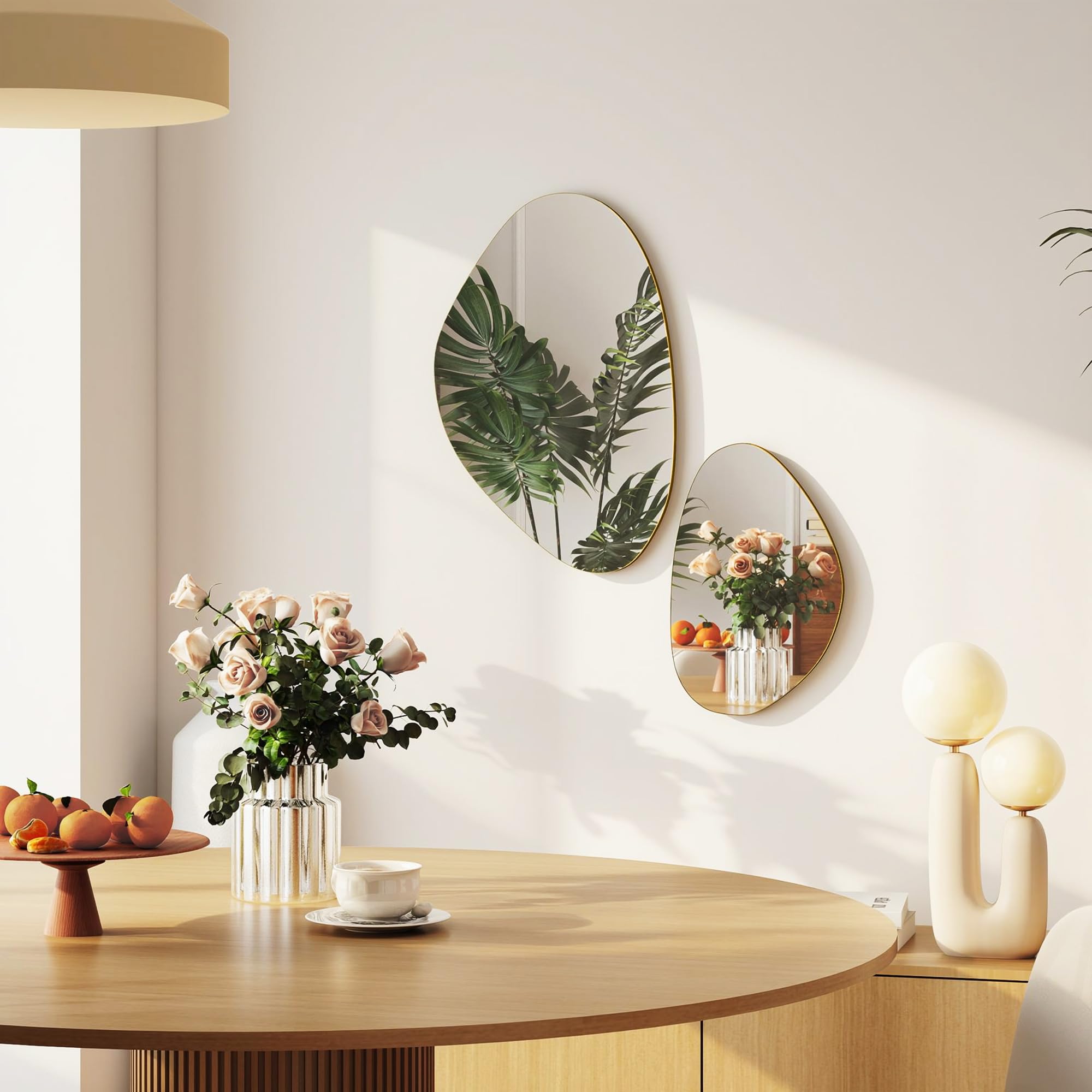HOMCOM Espejo de pared irregular 2 guijarro marco metálico oro | 70 x 46 cm, 49,5 x 31 cm, espejo colgante asimétrico, sala de estar, entrada, dormitorio, pasillo
