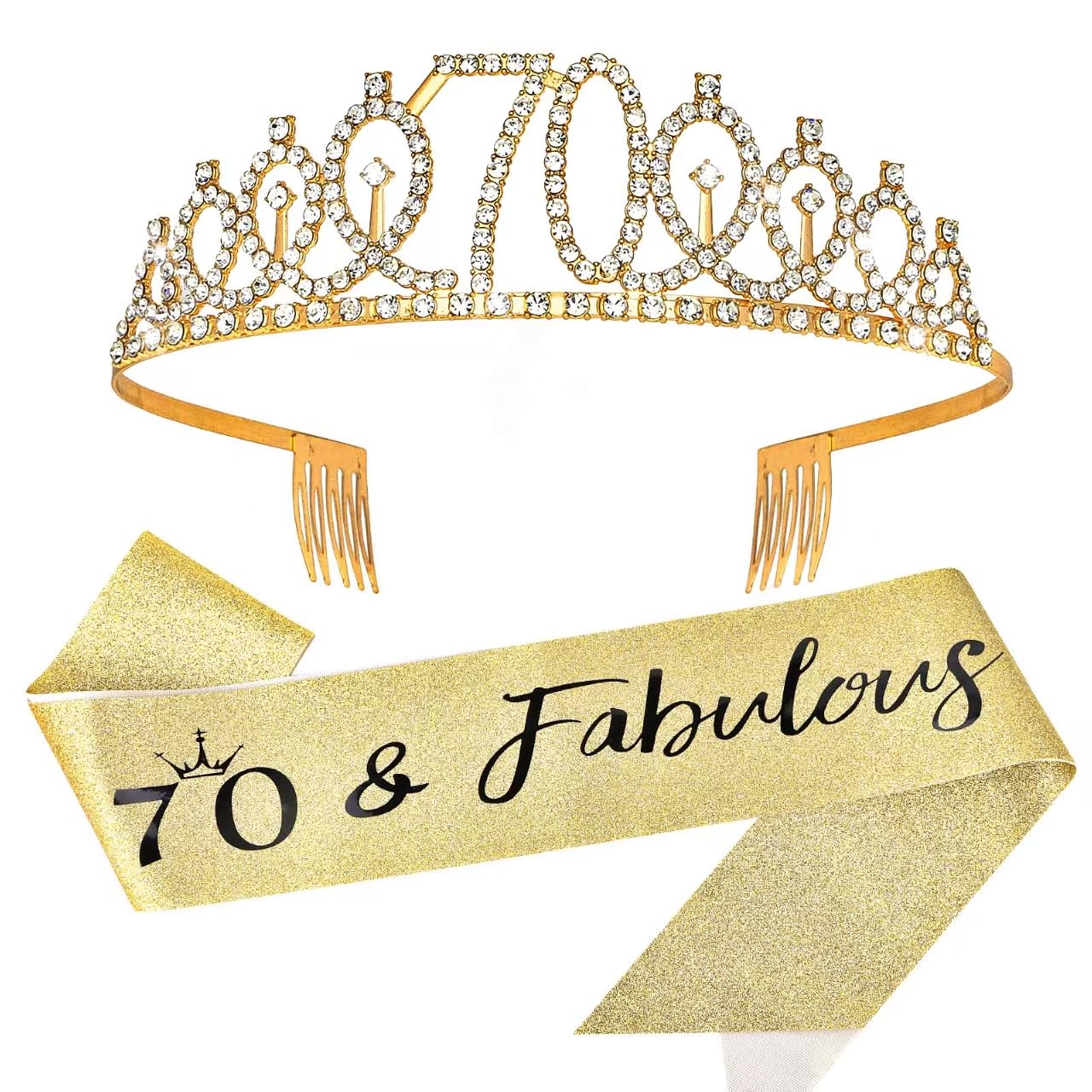 Wanciler 70th Birthday Sash and Tiara for Women 70 and Fabulous Gold Tiara and Satin Sash Set for 70th Birthday Party Supplies