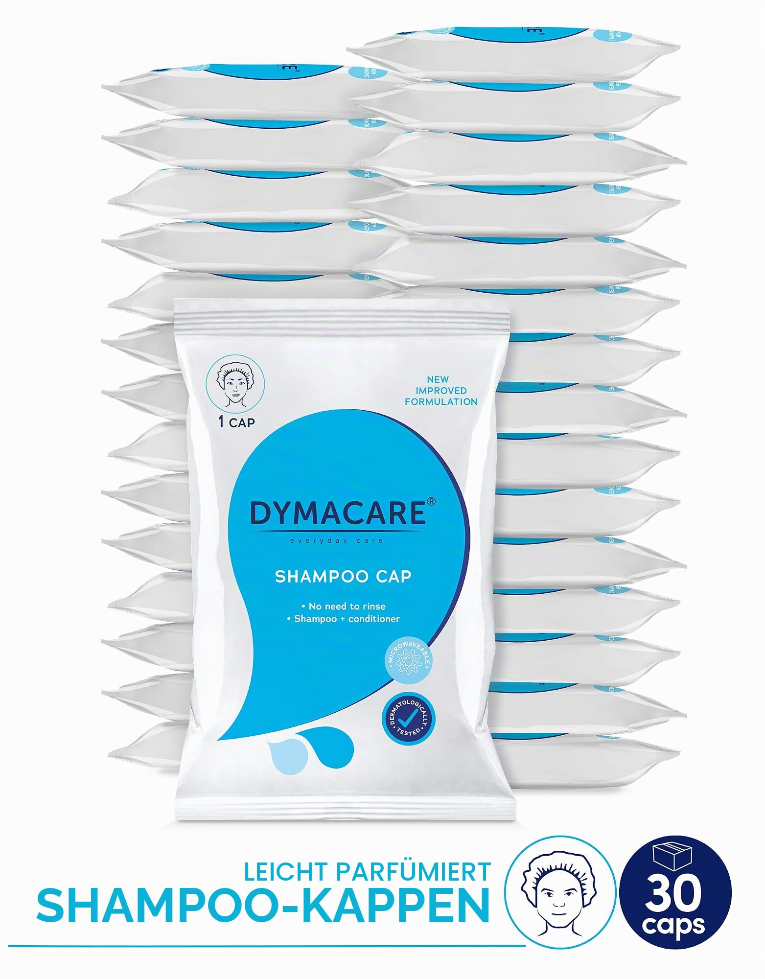 DYMACARE® Shampoo Haube, Haare waschen ohne Wasser mit leichter Duftnote nach grünen Äpfeln, Klinikqualität (30 Packungen)