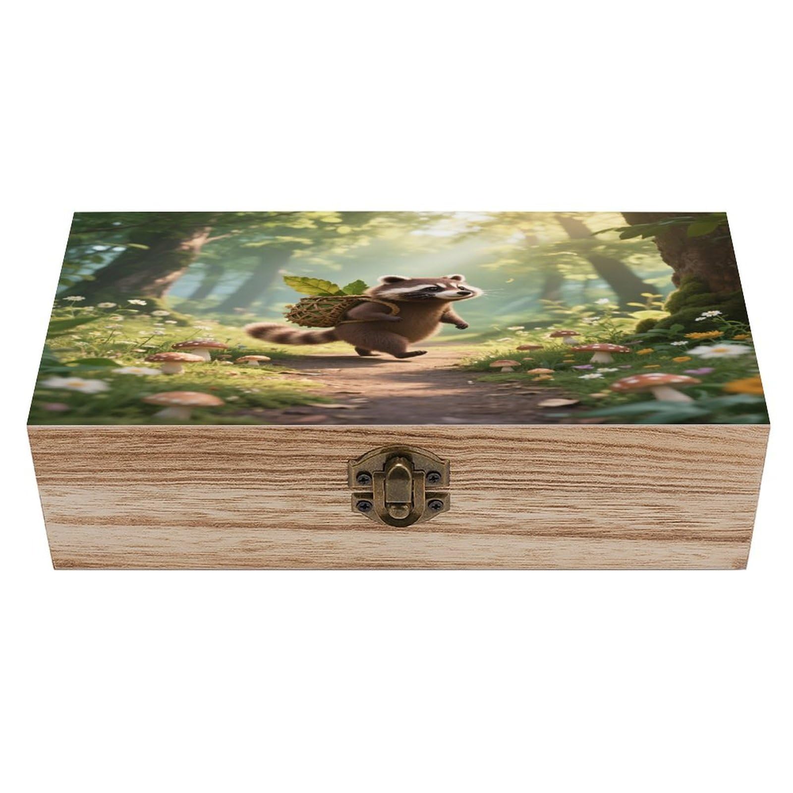 VstaDank Forest Raccoon Wooden Storage Box Vintage Style Wooden Storage Case with A Hinged Lid Memory Treasure Boxes Decorative Jewelny Photos for Organizer 7.9 * 3.7 * 2.3 Inch