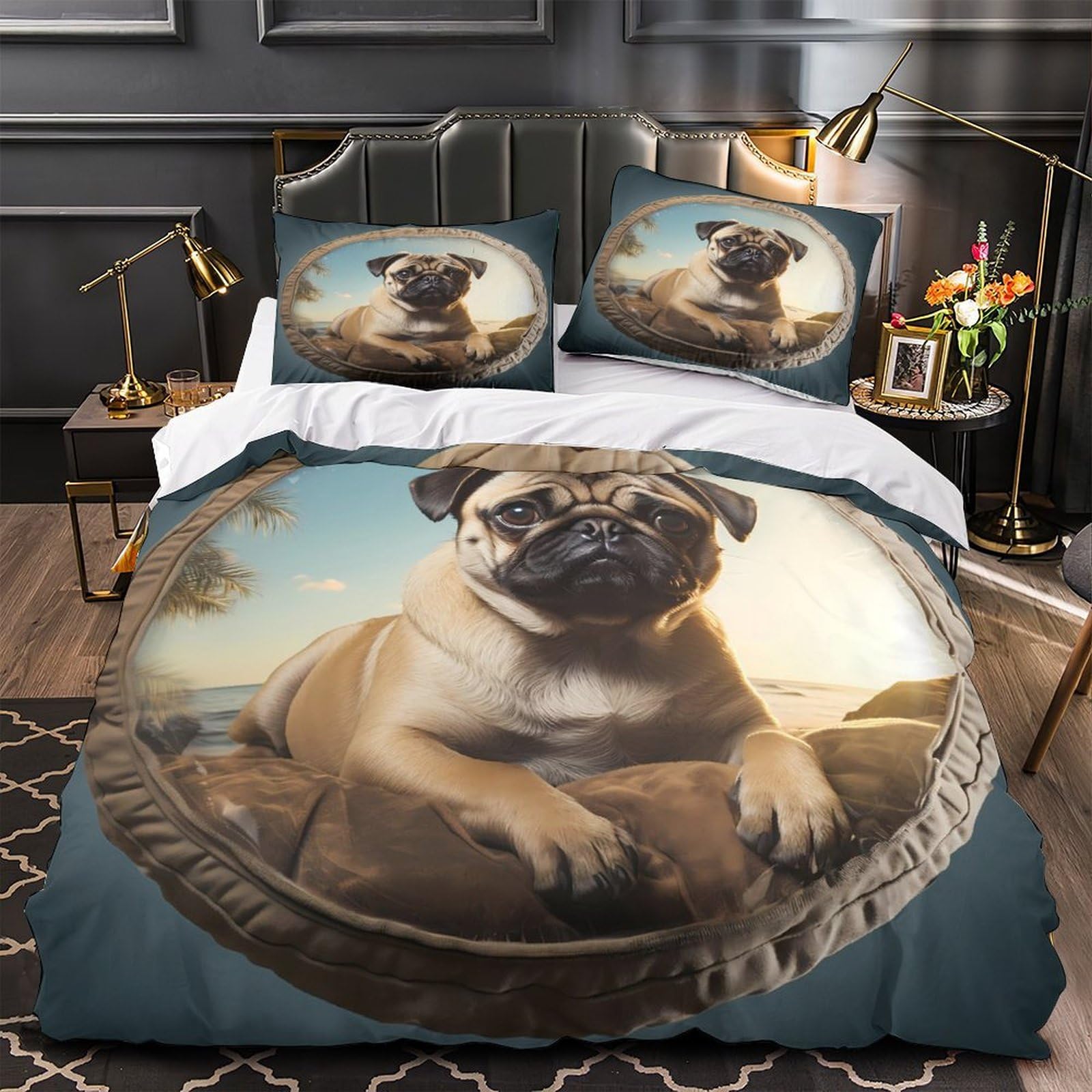 MMDASBVPE Pug Dog Portrait Quilt Cover 3D Print Easy Care 3 Pieces Bed Set Hidden Zipper Cute Pet Duvet Cover Extra Soft Durable for Adults Kids Teens Women Youth Double（200x200cm）
