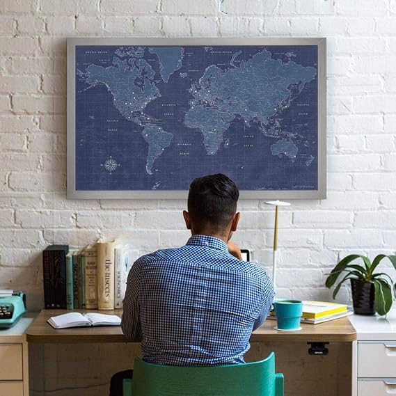 Modern Blueprint World Travel Map with Push Pins (Silver)