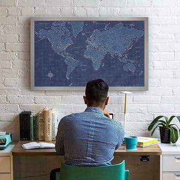 Modern Blueprint World Travel Map with Push Pins Silver