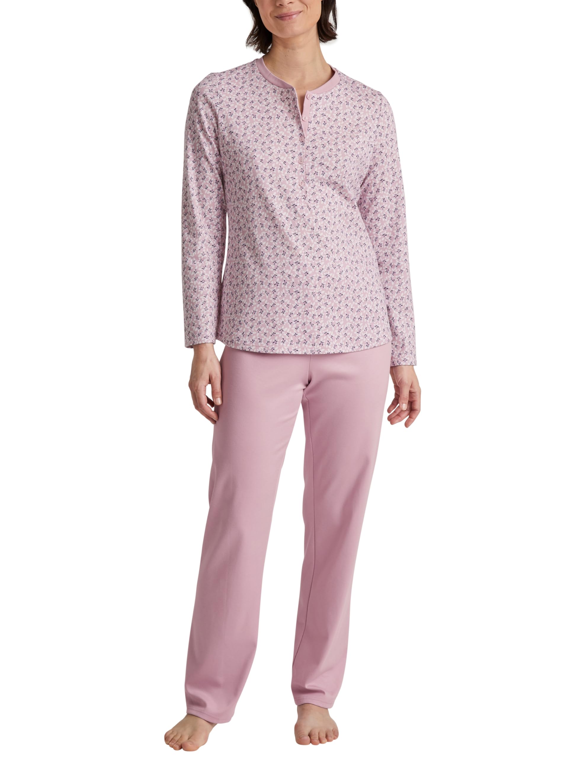 CALIDA Midnight Flowers Pyjama, lang Damen, aus 100% Dicker Baumwolle