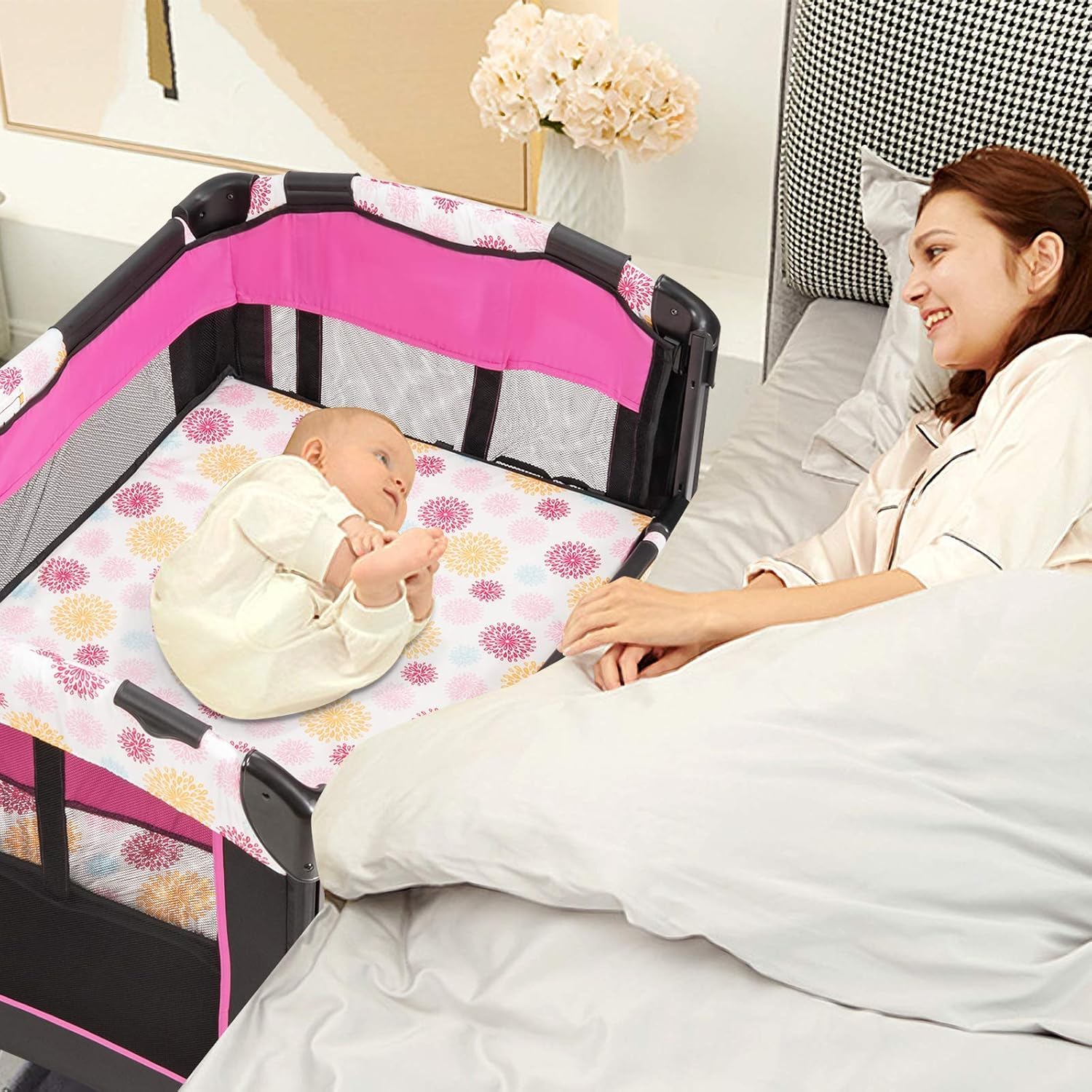 FANTASK Lettino da viaggio pieghevole 4 in 1 fino a 15 kg, culla mobile, lettino e fasciatoio e box a 2 livelli, regolabile in altezza con custodia, materasso e carillon