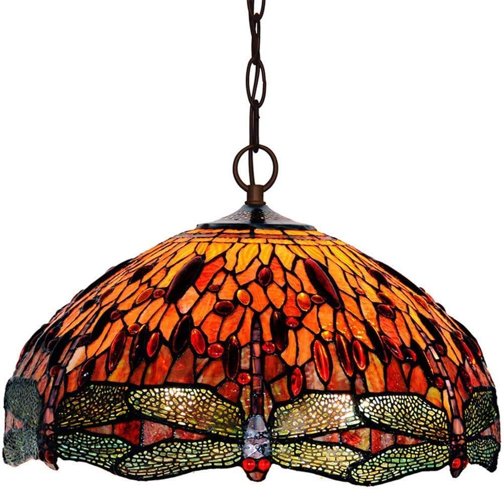HJRegaFimu Pendant Light Stained Glass Ceiling Lamps Mediterranean Style 18 Inch Chandelier Lamp Art Creative Dragonfly