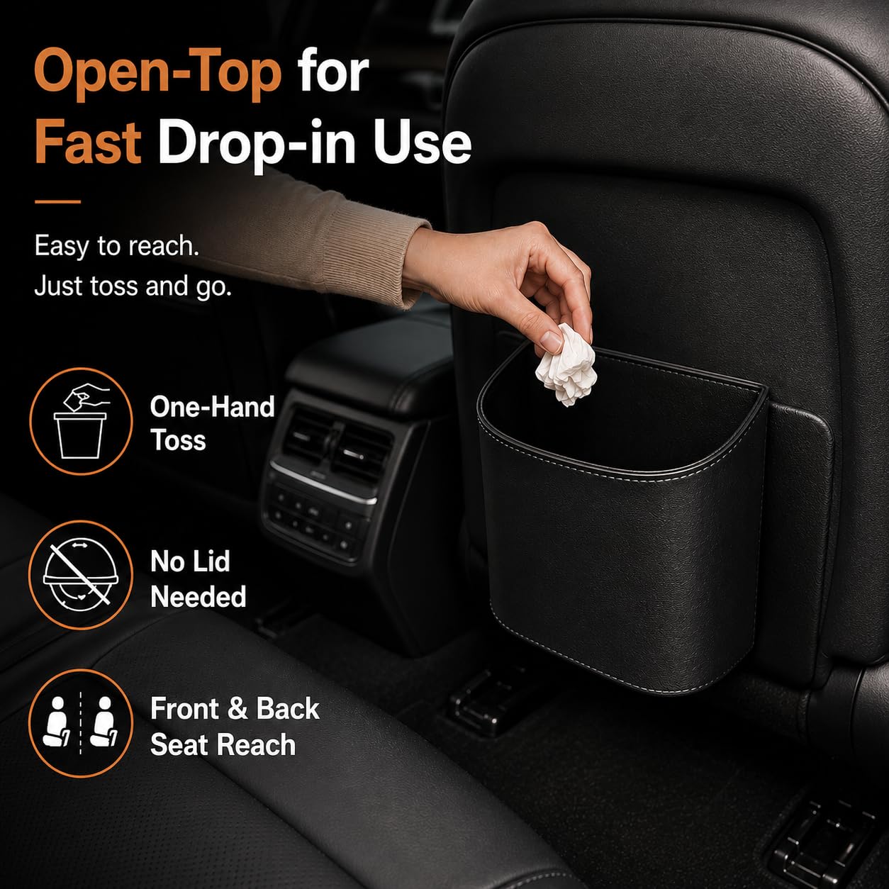 COZILO Leather Car Trash Can – Leakproof & Easy-to-Clean Car Garbage Can for Luxury Cars, SUVs & Trucks | Includes 60 Custom Liners, Secure Hook, Easy Install, Black
