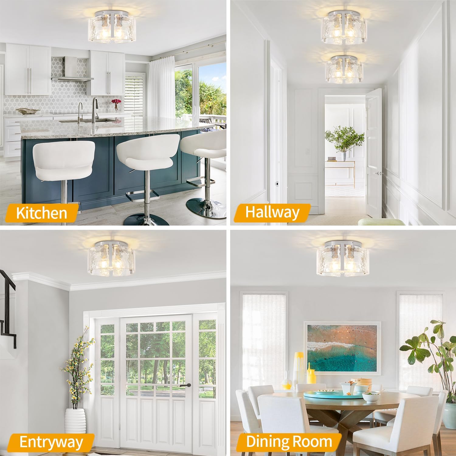 15'' Modern Brushed Nickel Semi Flush Mount Ceiling Light, Hallway Light Fixtures, 3-Light Glass Ceiling Lights for Entryway Kitchen Dining Room Foyer Bedroom Laundry Room Bathroom Lighting Fixtures