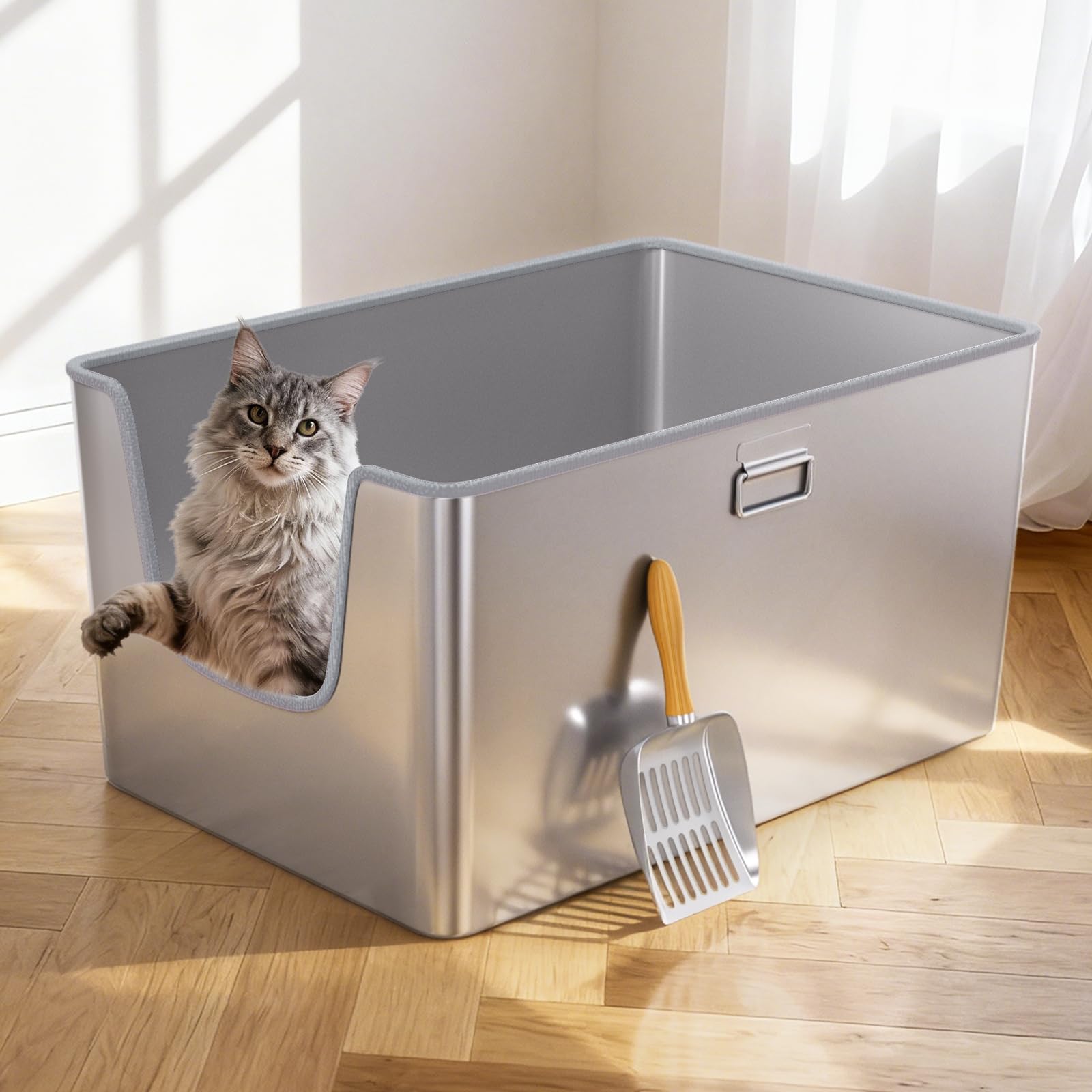 XXL Stainless Steel Cat Litter Box with High Side,No Sharp Edges for Big Cats,One-Piece Deep Metal Litter Box with Curved Low Entry,Anti-Leakage,Non-Sticky,Easy Cleaning(Side Entry) - image 8