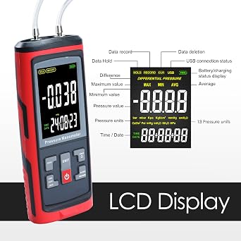Manometer Data Logger, Dual-Port Digital Manometer Gas Pressure Tester Support PC Data Records, 13 Selectable Units Differential Pressure Gauge Manometer HVAC with Large LCD Screen