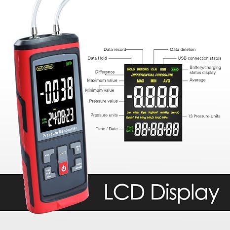 Manometer Data Logger, Dual-Port Digital Manometer Gas Pressure Tester Support PC Data Records, 13 Selectable Units Differential Pressure Gauge Manometer HVAC with Large LCD Screen