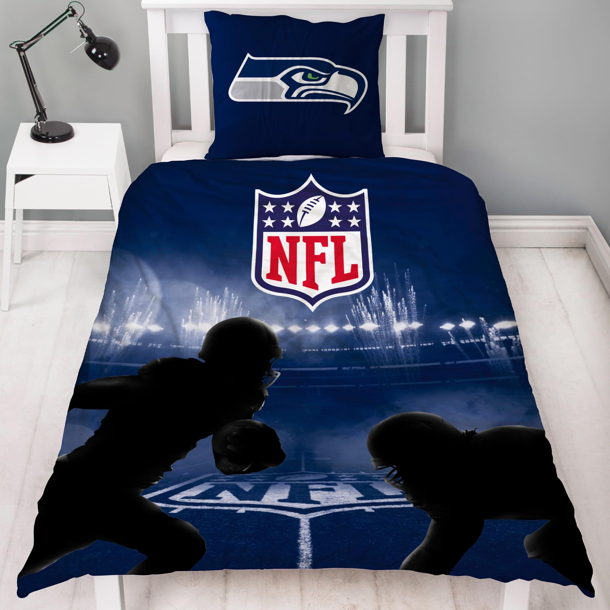 NFL Bettwäsche Seattle Seahawks 135 x 200 cm + 80 x 80 cm 100% Baumwolle Renforcé-Linon-Qualität Reißverschluss American Football Fan Super Bowl BOOM Lumen Field Blitz Wende-Bezug deutsche Größe