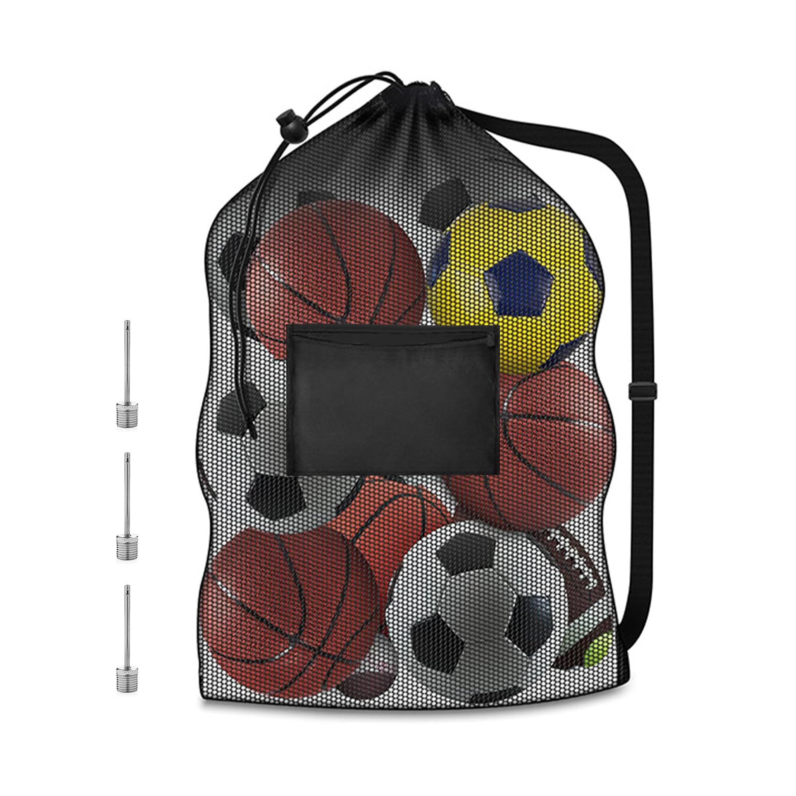 SouStar Extra Large Football Bag, 4 Pcs Sports Ball Storage Set (1 Mesh Bag & 3 Pump Needles), Heavy Duty Drawstring Ball Net for Basketball and Rugby, Carrier Equipment Sack