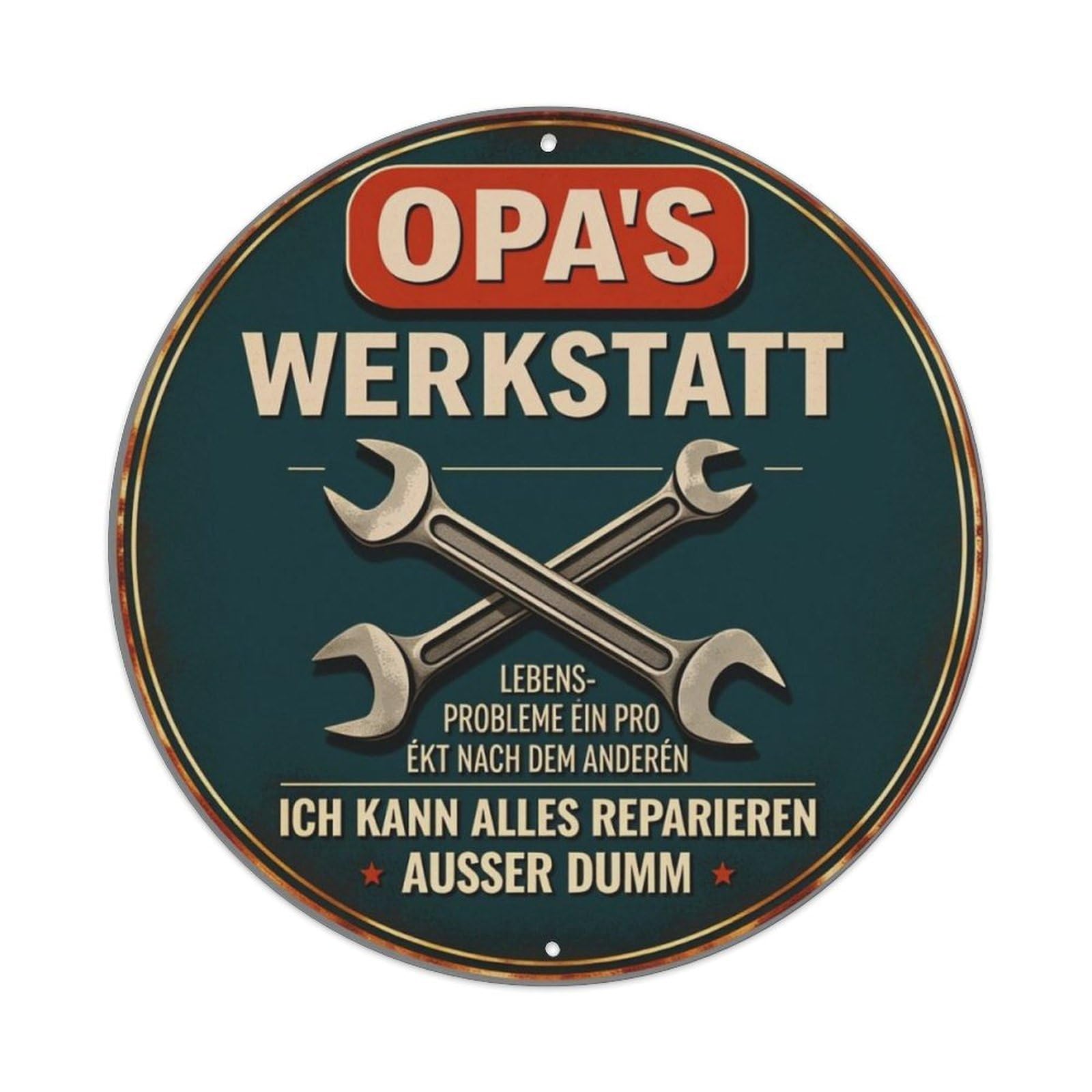 Opa's Werkstatt Vintage Wrench Garage German Round Plaque Vintage Aluminium Metal Sign, Retro Wall Decor for Home, Bar, Garage & Farmhouse 20x20cm