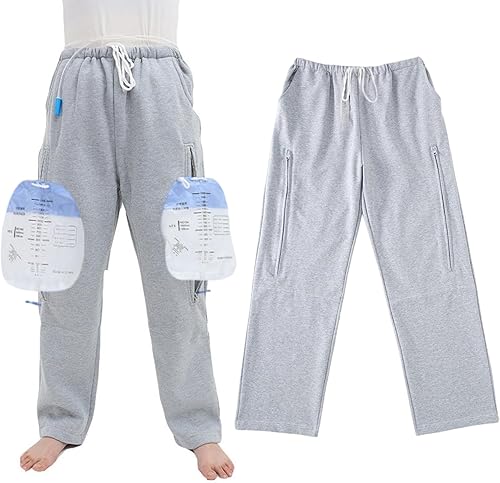Pantalones para pierna de catéter, pantalones con soporte para bolsa de orina para hombres y mujeres con bolsillos dobles con cremallera, capacidad