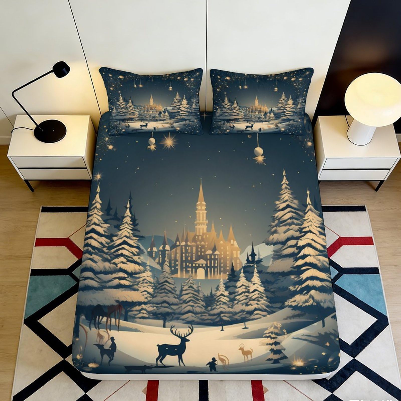 3D Printed Winter Forest Fitted Sheet Microfiber Soft Deer Castle Bed Cover for Home Bedroom Guest Room Decor 90x200x25cm