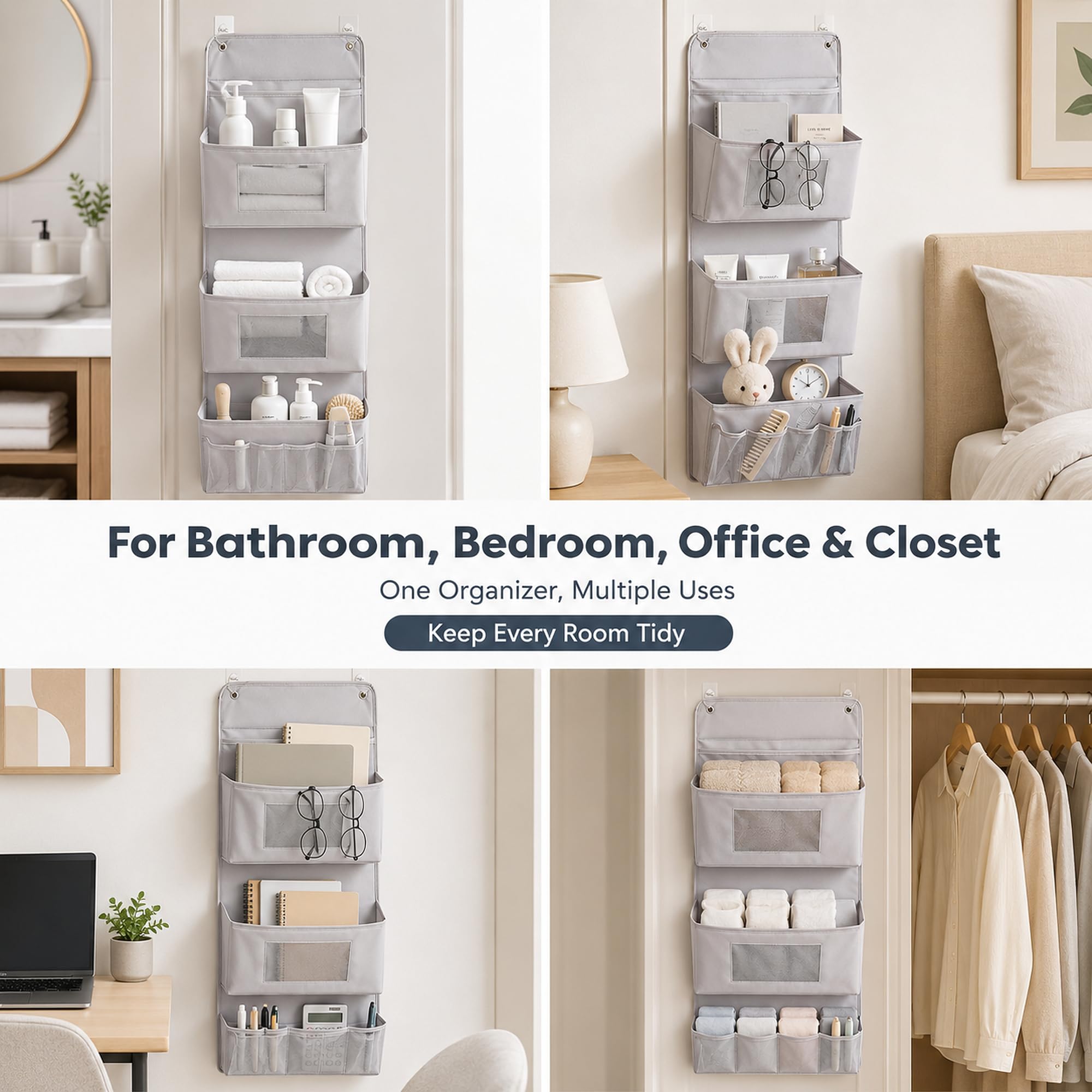 Organizer da appendere a 3 strati, 40 x 90 cm, organizer per porta senza fori, per bagno e guardaroba, organizer da parete pieghevole in tessuto Oxford con 3 tasche, 2 ganci, portaoggetti