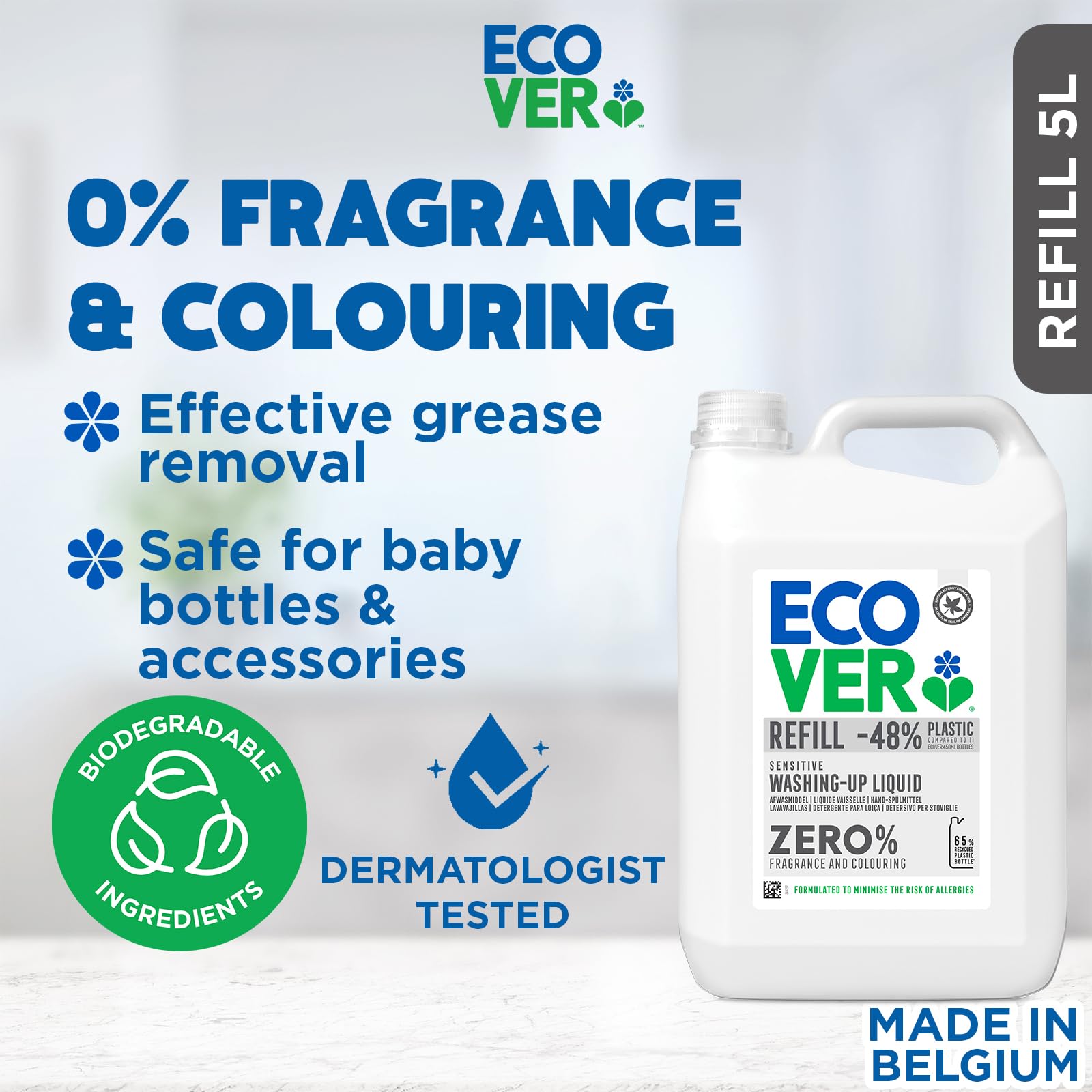 Ecover Zero - Recambio de detergente líquido para lavavajillas, resistente contra la grasa y la suciedad, dermatológicamente probado, Ecover 1 x 5L