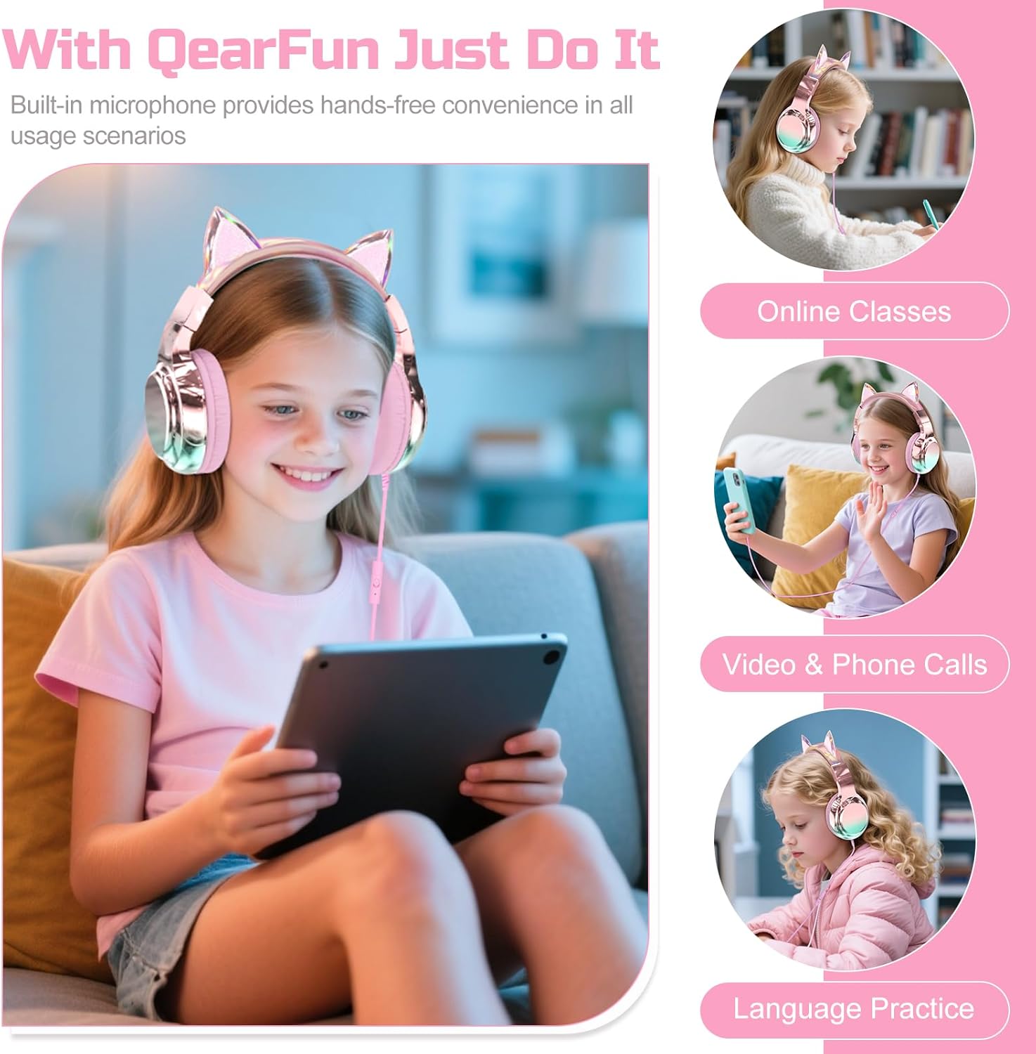 QearFun Kids Cat Ear Headphones Wired with Mic, 85/94dB Safe Volume Limit, Sparkly Wired Headset, Foldable, Sharing Port & Tangle-Free Cord for School, Chromebook, Tablet, Travel, Boys & Girls