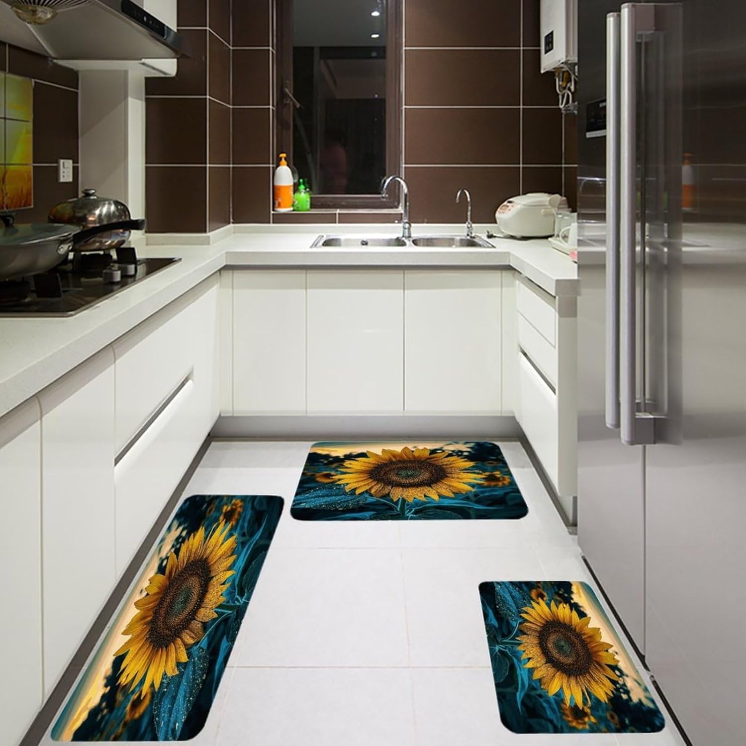 The Most Beautiful Sunflower Kitchen Mats Soft Absorbent Rugs for Floor Non Slip Washable Kitchen Mats Fashion Rectangular Rugs for Three-Piece Set for Laundry Office Home Sink