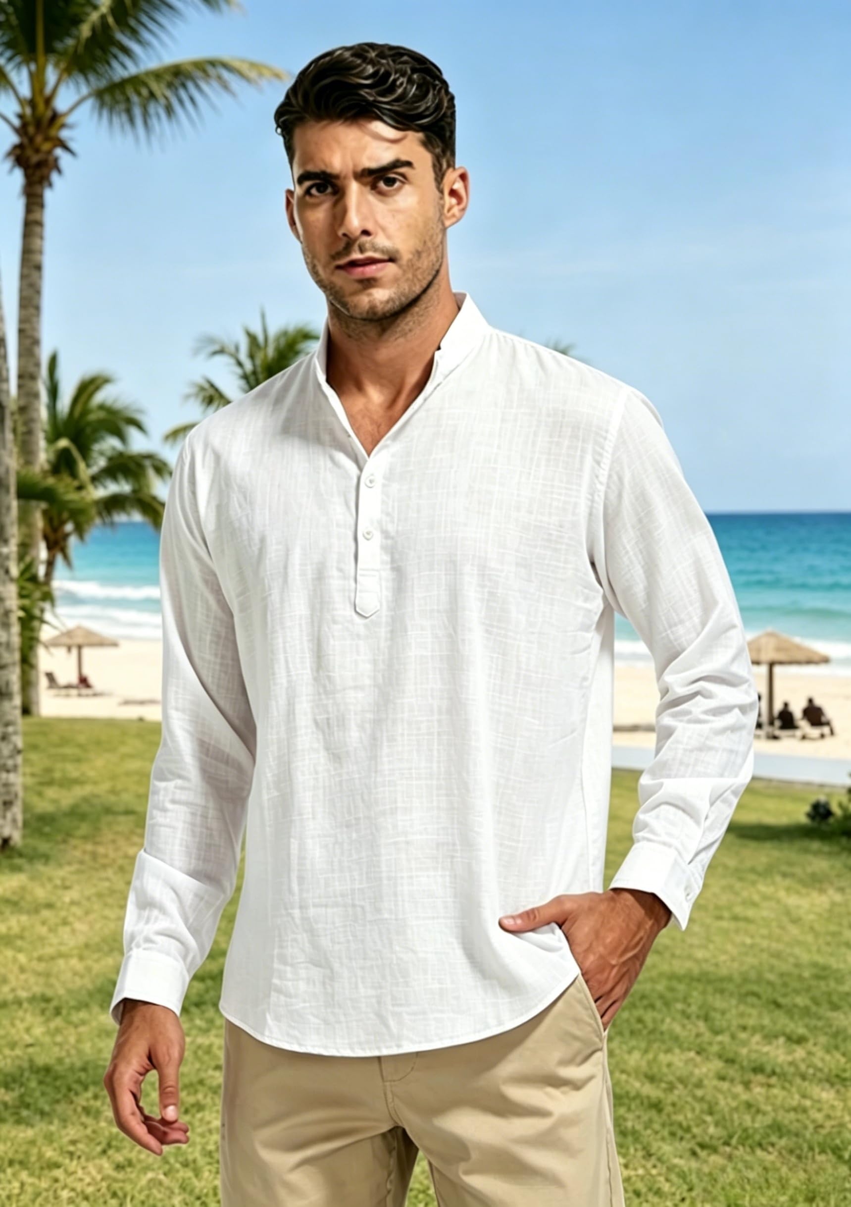 Cegerne Camicia Lino Uomo Maniche Lunghe Estiva Leggera Traspirante Henley Casual Maglietta Casacca Vacanze Spiaggia