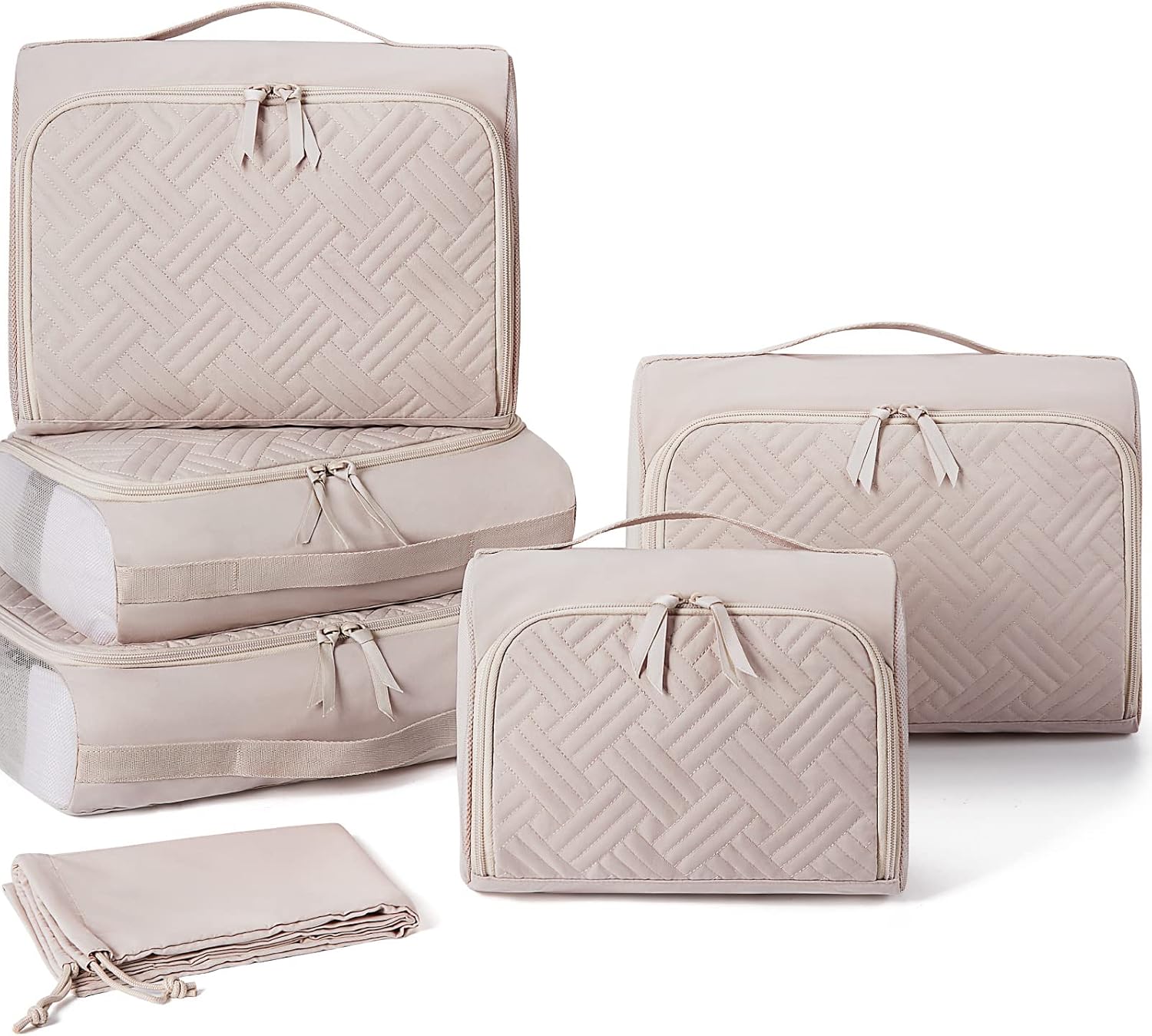 Packing Cubes for Travel, BAGSMART 6 Set Packing Cubes for Suitcases Organizer, Quilted Look Travel Organizer Cubes for Packing, Luggage Organizer Cubes with Shoes Bag for Women Ivory