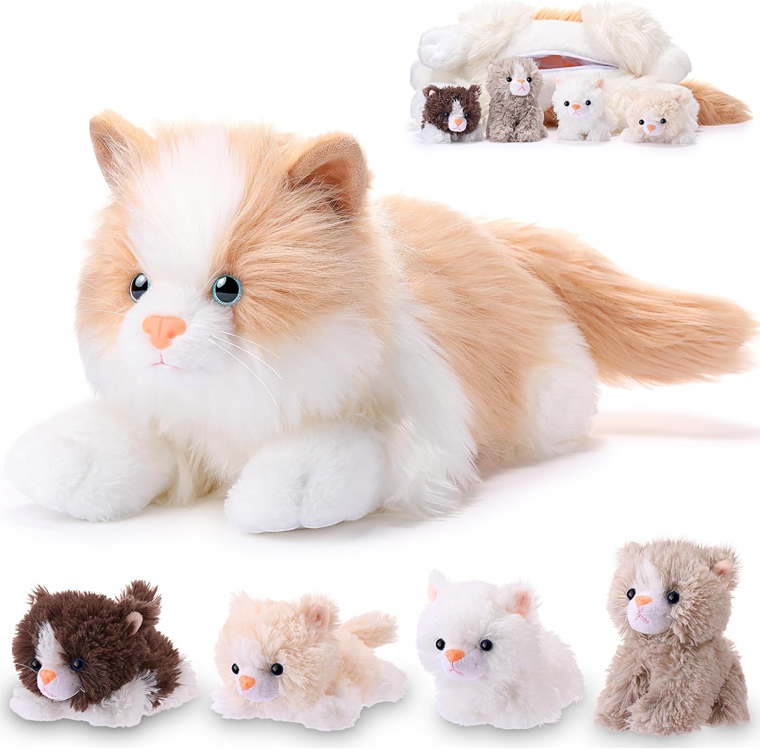 HyDren 5 Pcs Realistic Ragdoll Cat Stuffed Animal, 17.75 Inches Large Ragdoll Cat Mommy Plush with 4 Cute Babies Soft Plush Kittens Set for Girls Boys Birthday Party Favors (Grey,White,Brown)