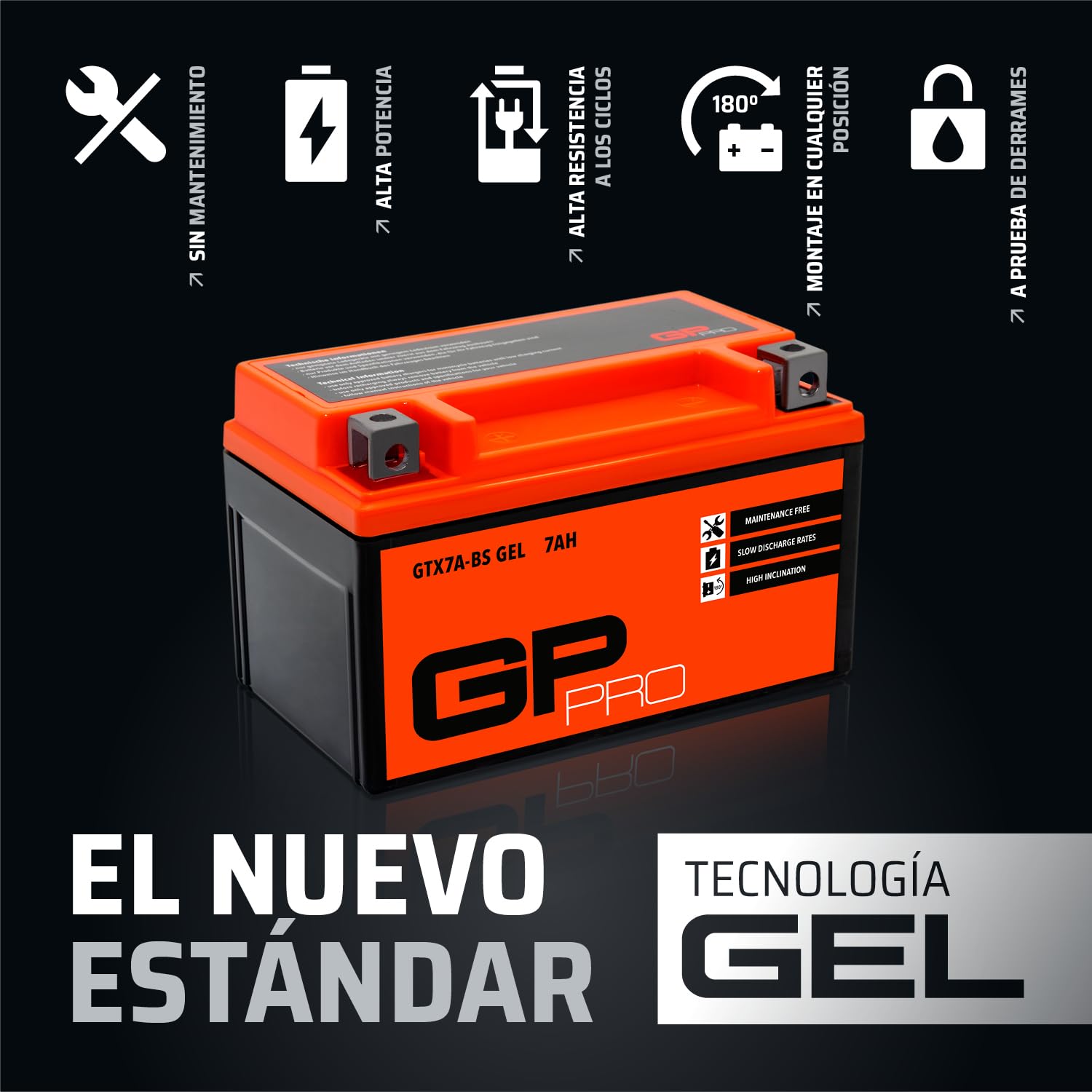 GP-PRO GTX7A-BS - Batería de arranque para scooter y motos, 12V, 7Ah, parecido a YTX7A-BS / 50615, sin necesidad de mantenimiento