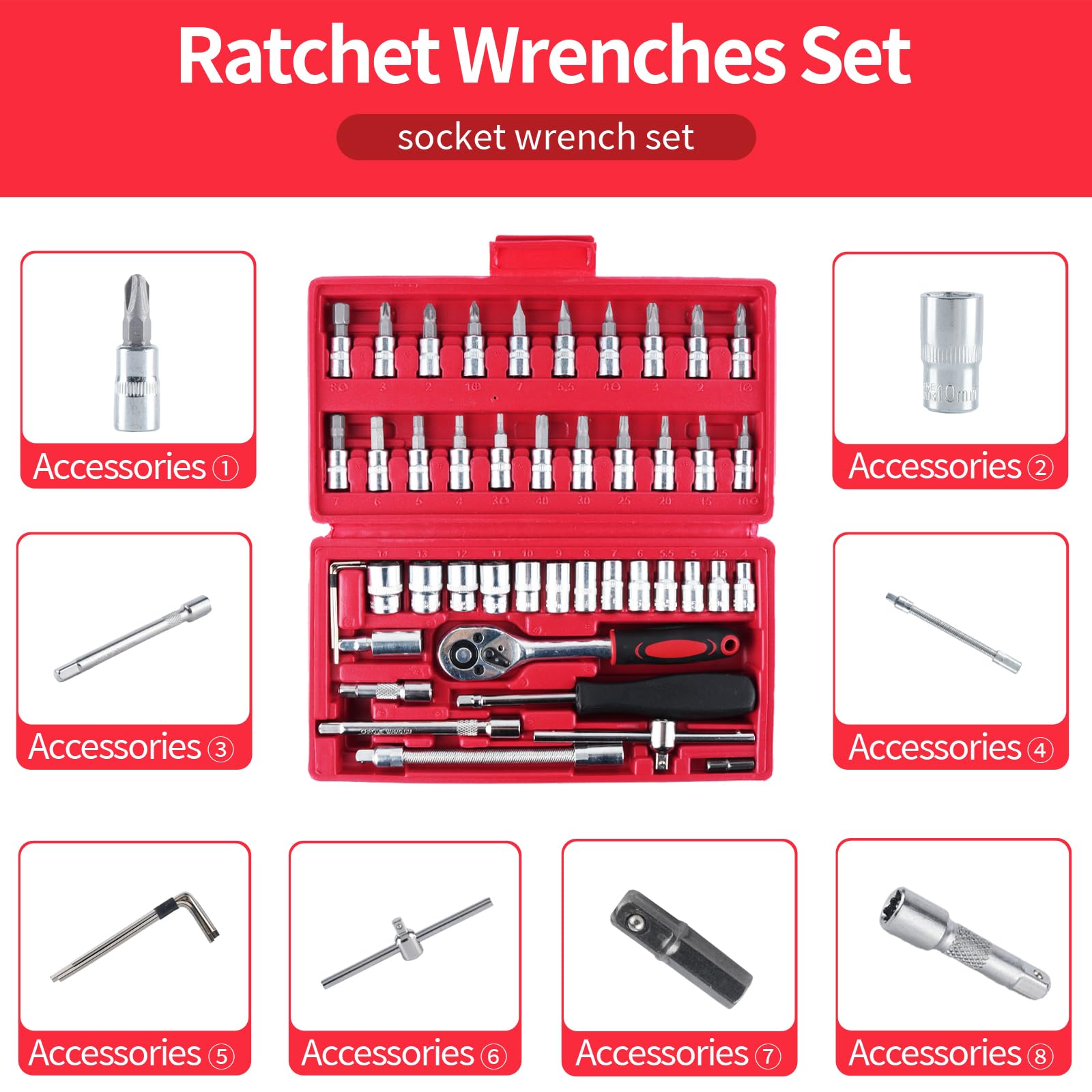 46-piece 1/4 Socket Set - Carbon Steel Torque Wrench Socket Set With Ratchets, T-handle