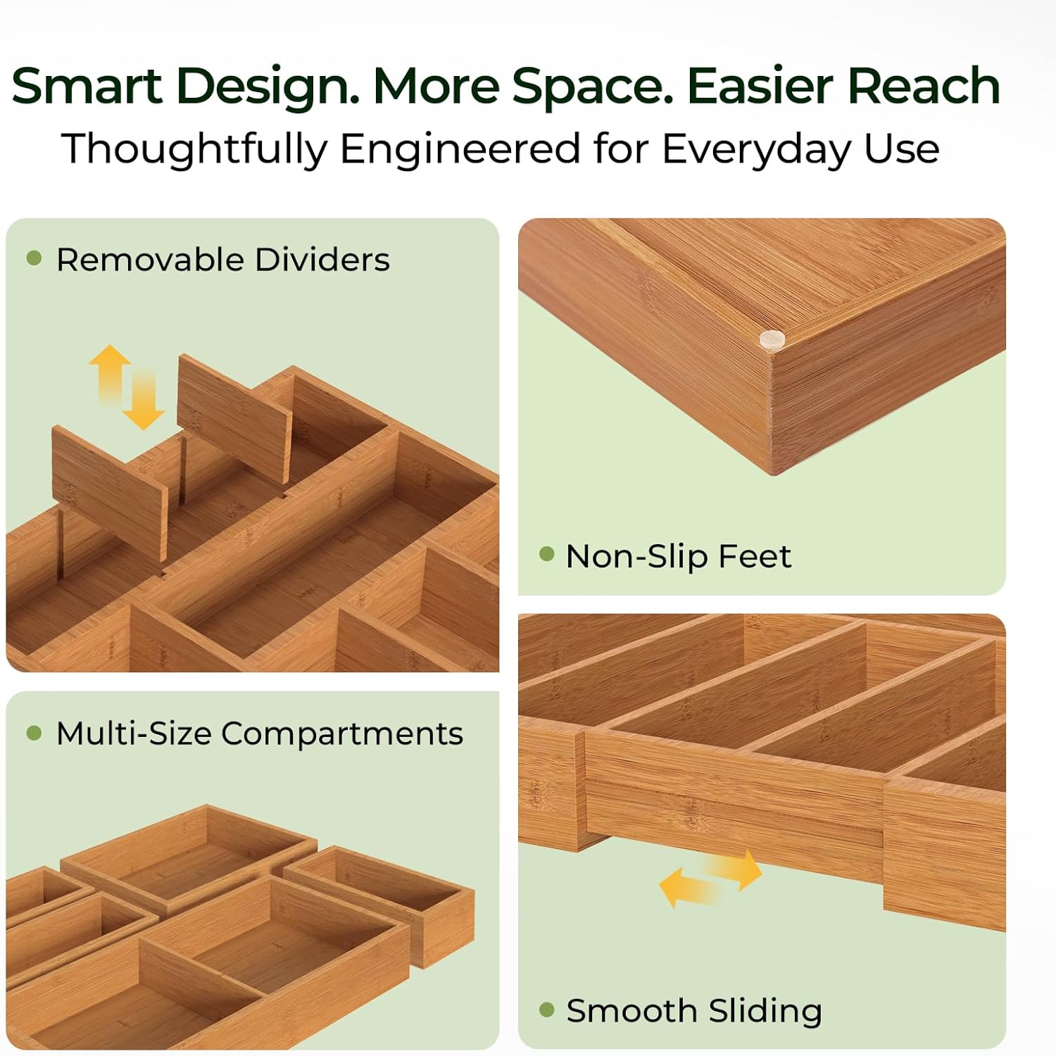 keechee 6-Piece Bamboo Drawer Organizer Set, 2.2" Deep Multi-Use Organizers for Utensils, Silverware, Cutlery, Desk, Bathroom, Junk Drawer & Makeup, Non-Slip Feet Included.