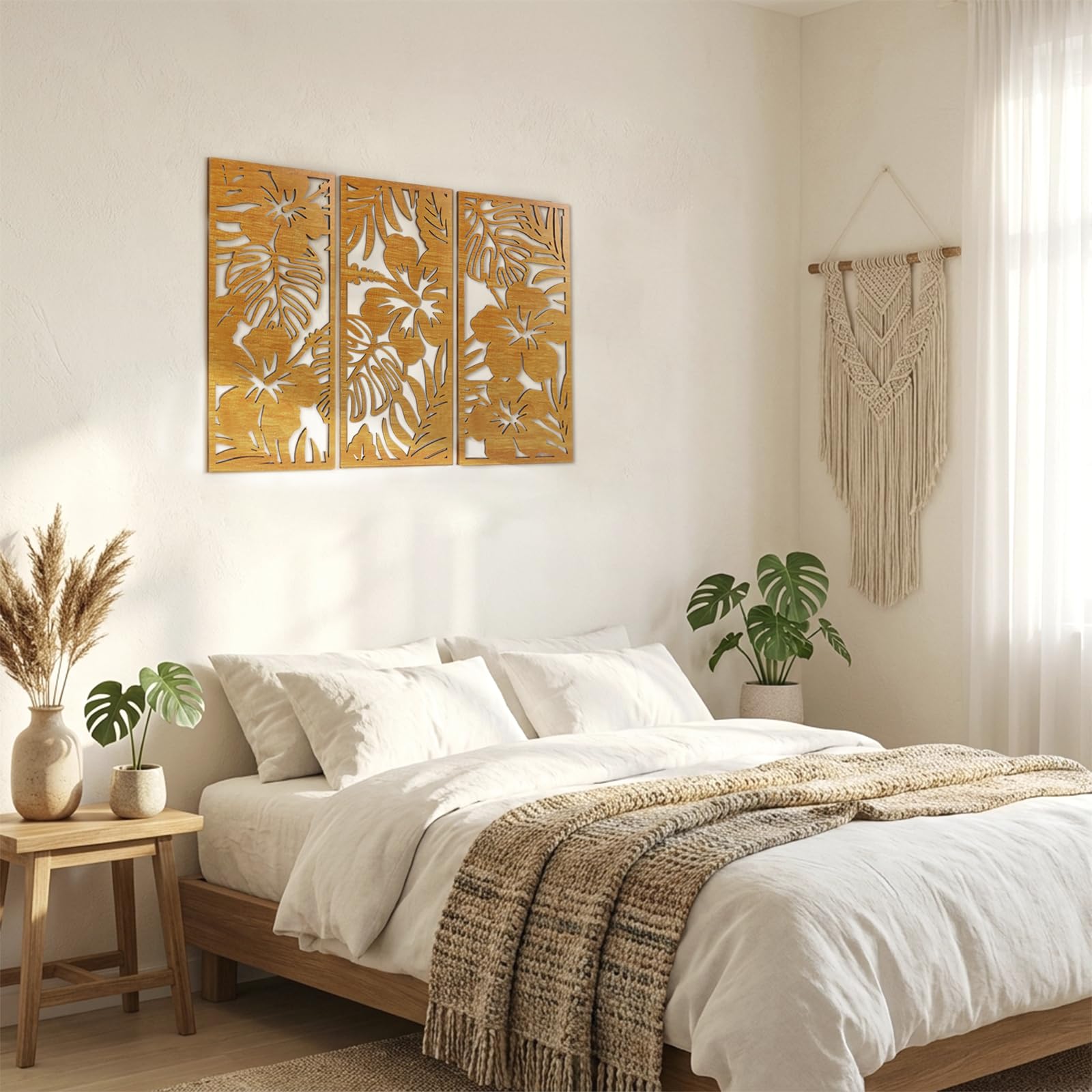 YiYa 3 Stück Beige Boho Wand Deko Wanddeko Holz Vintage Deko