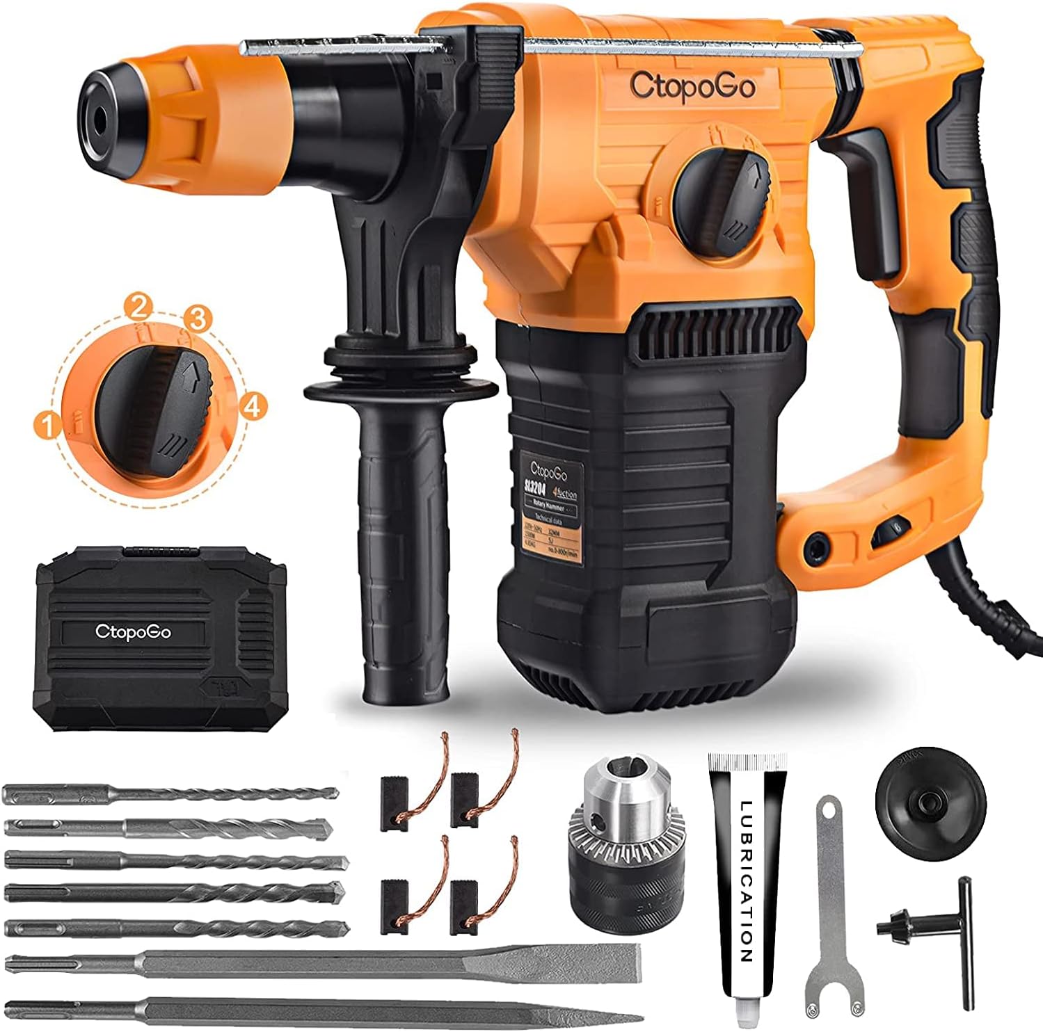 SDS-Plus 1500W Heavy Duty Rotary Hammer Drill 1-1/4 Inch 32MM, Safety Clutch 4 Functions with Vibration Control Including Grease, Chisels and Drill Bits with Case
