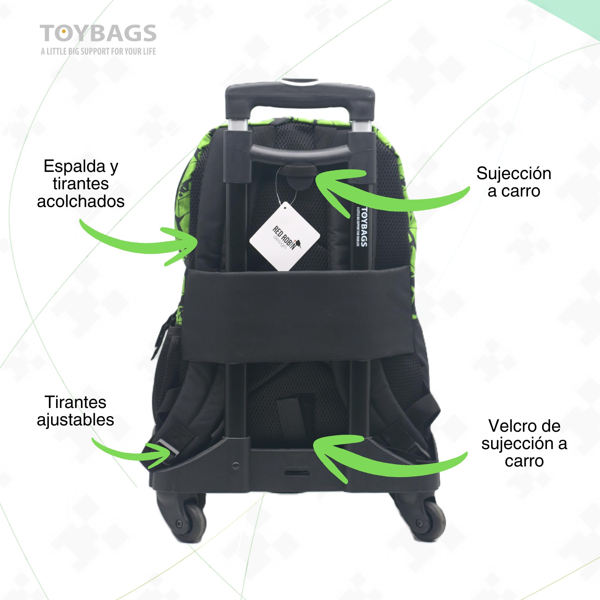 Mochila Escolar Minecraft Cubos Doble Compartimento Adaptable + CARRO NEGRO TOYBAGS CON PROTECCION LATERAL Y STOPER FRONTAL ANTI CAIDA 4 ruedas giratorias - 44 X 30 X 20 CM