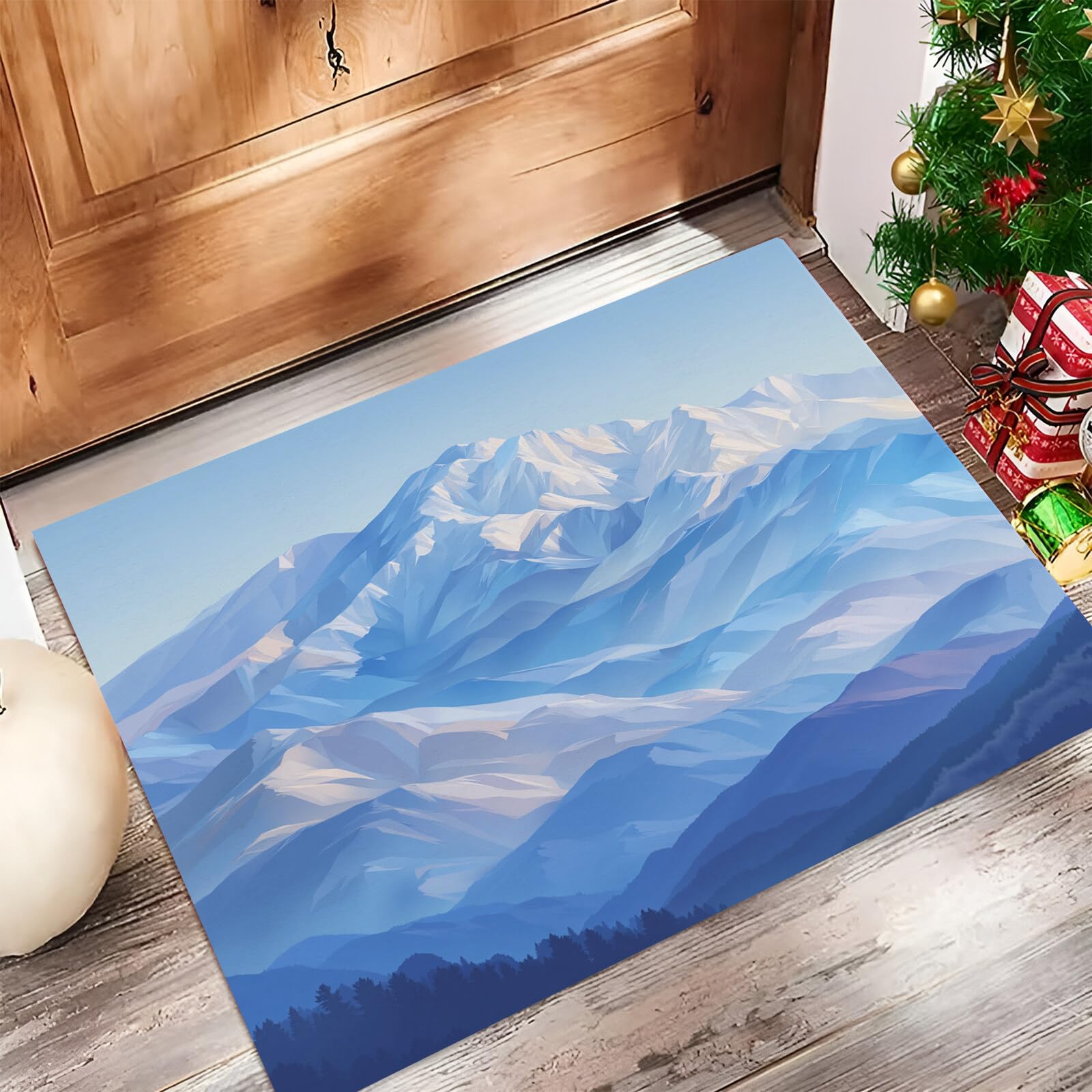 Tapete Azul Montañas Escarpadas Cubiertas Nieve Puerta Felpudo Entrada Exterior Atrapar Suciedad Alfombra Ilustraciones Minimalistas Para Interior Jardines Cocina Pasillo Trasera Delantera,80X120Cm