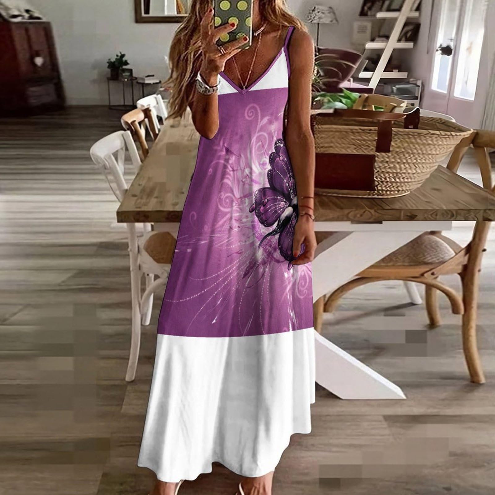 Vestido largo de verano para mujer, vestido de verano con cuello en V, tirantes delgados, vestido de playa
