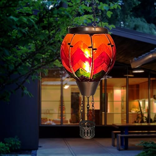 Miniatura 4 de OUISJYER Linterna solar de globo de aire caliente con luz de llama parpadeante de vidrio colgante faroles solares al aire libre impermeable para