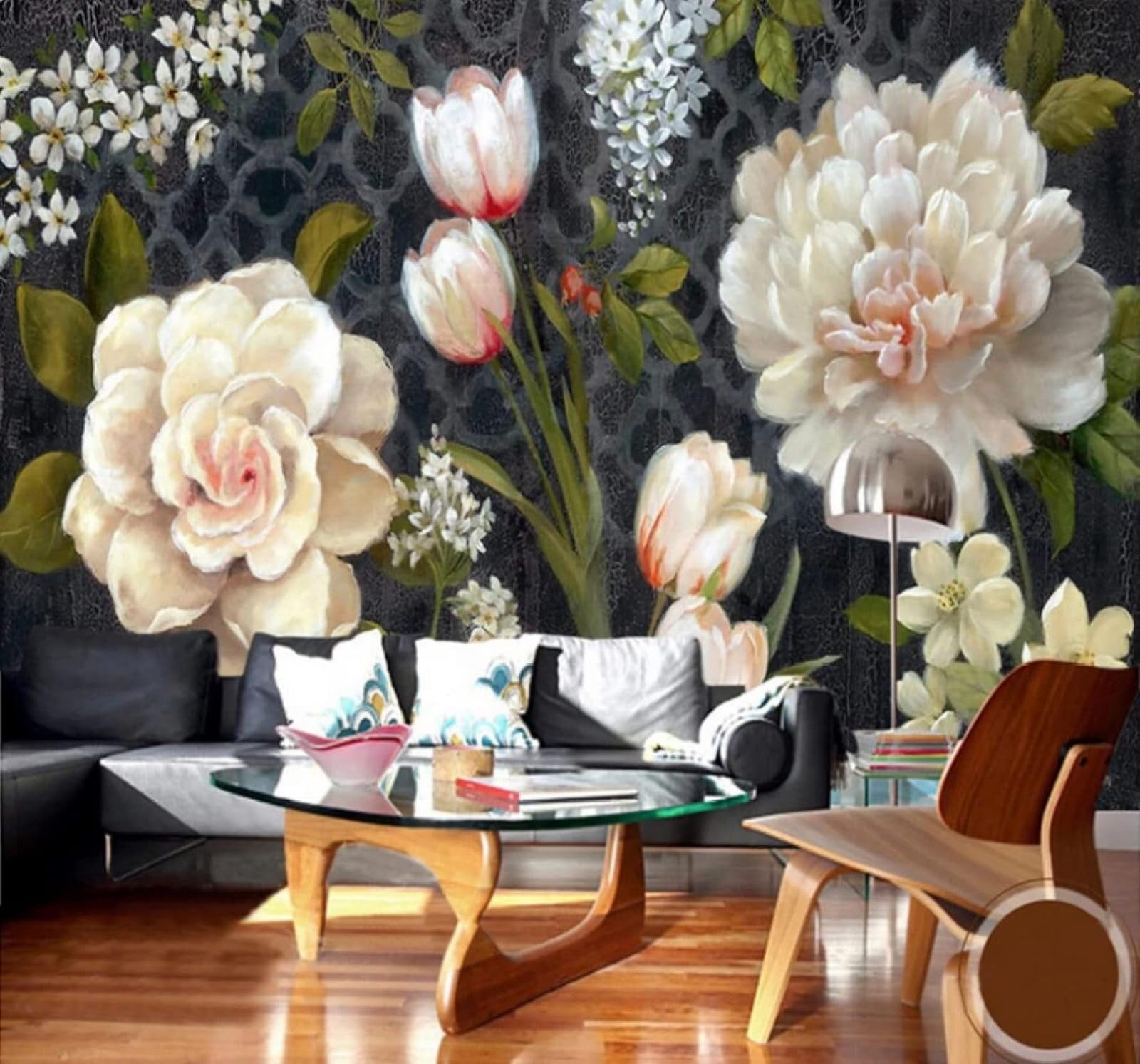 XLMING Vintage Beautiful Tulips Roses Peonies 3D Wallpaper Luxury Silk Study Dining Feature Sofa Grey Bedroom Living Room Tv Decorative Wall-350cm×256cm