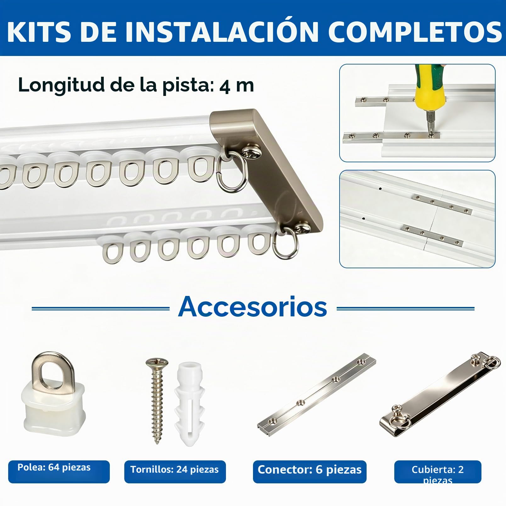 Riel de cortina de 2 vías, 4M, silencioso, de doble fila, de aleación de aluminio, riel de cortina silencioso de doble fila, riel de techo divisor de espacio para sala de estar, dormitorio