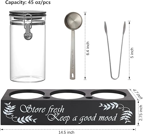 Miniatura 2 de Recipientes de café de vidrio con tapa de bambú con abrazadera de bloqueo hermético, almacenamiento de granos de café de 3 x 45 onzas con estante y