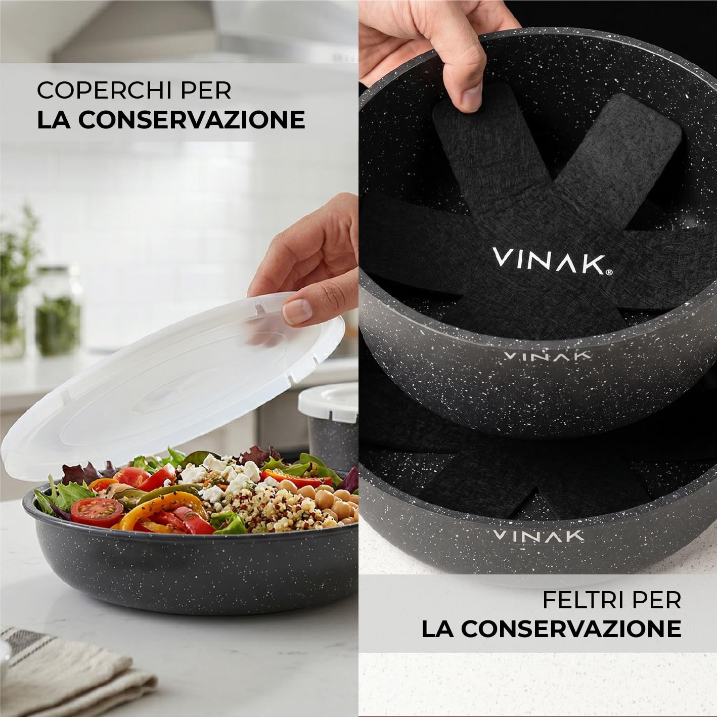 VINAK - Set Padelle 11 Pezzi Manico Rimovibile | Antiaderente Senza PFOA BPA | Induzione Forno | Salvaspazio Impilabile | Cucina Completa