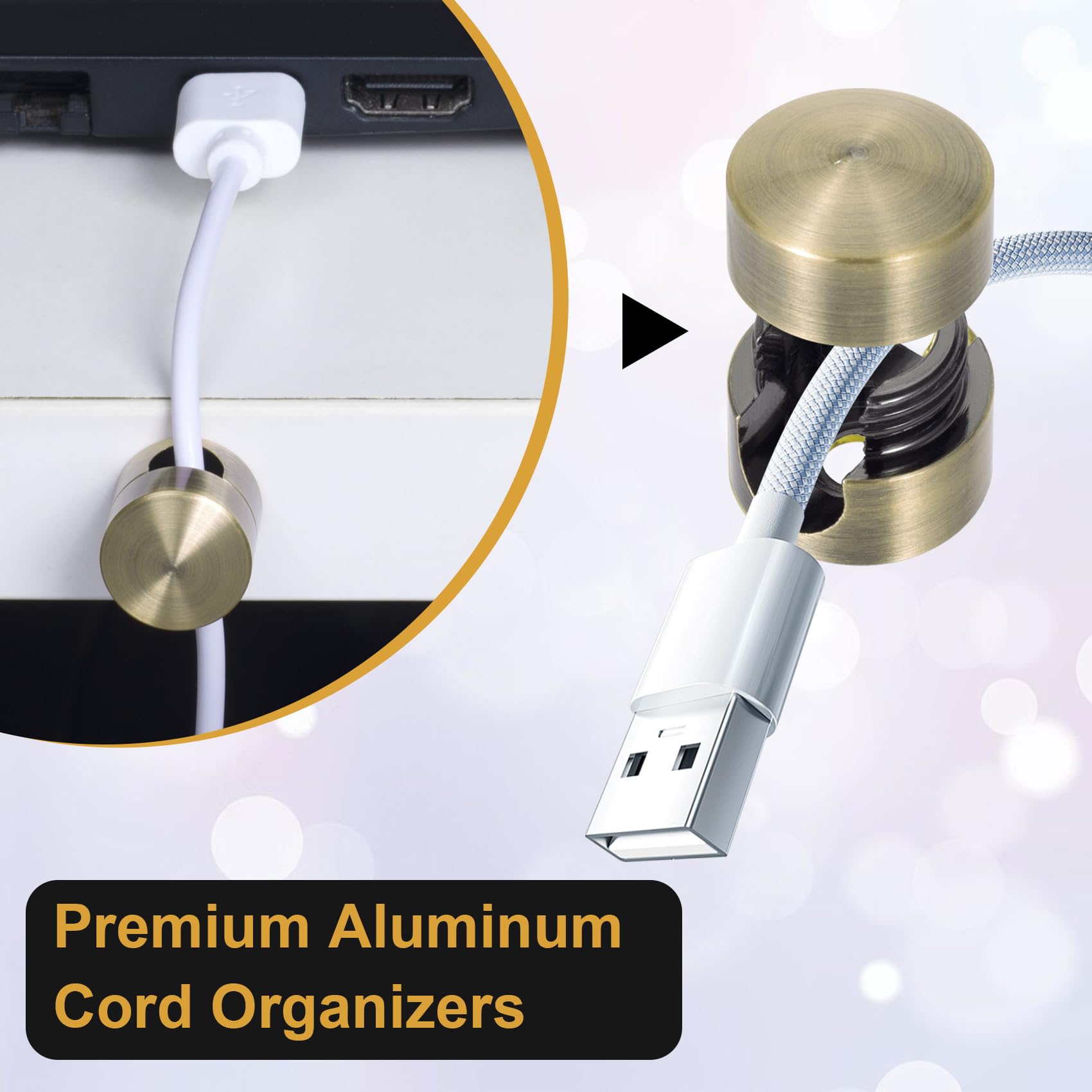 Kabelanker für Schreibtisch, Rotguss, Kabelanker, Halter, Aluminiumdraht, Organizer, selbstklebend, verstellbar, 2-in-1-Kabel-Clips, Ladekabel-Management für Nachttisch, Büro, Zuhause