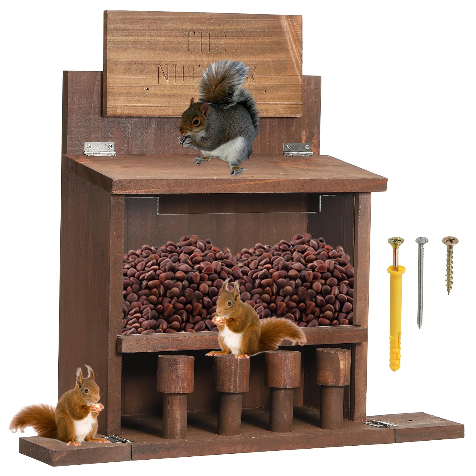 PATIKIL Tavolo Da Picnic Per Scoiattoli In Legno 16x6x13inch, Mangiatoia Per Scoiattoli Con Bar Nuts E 4 Sgabelli Per Mais E Arachidi, Marrone Scuro