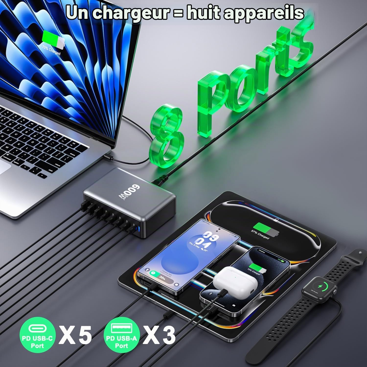 Chargeur USB C 600W GaN,Adaptateur secteur 8 ports multiples Station de charge rapide avec 5 USB-C + 3 USB-A,PD140W Adaptateur secteur chargeur multiple compatible avec Laptop/MacBook/iPhone 16/Galaxy