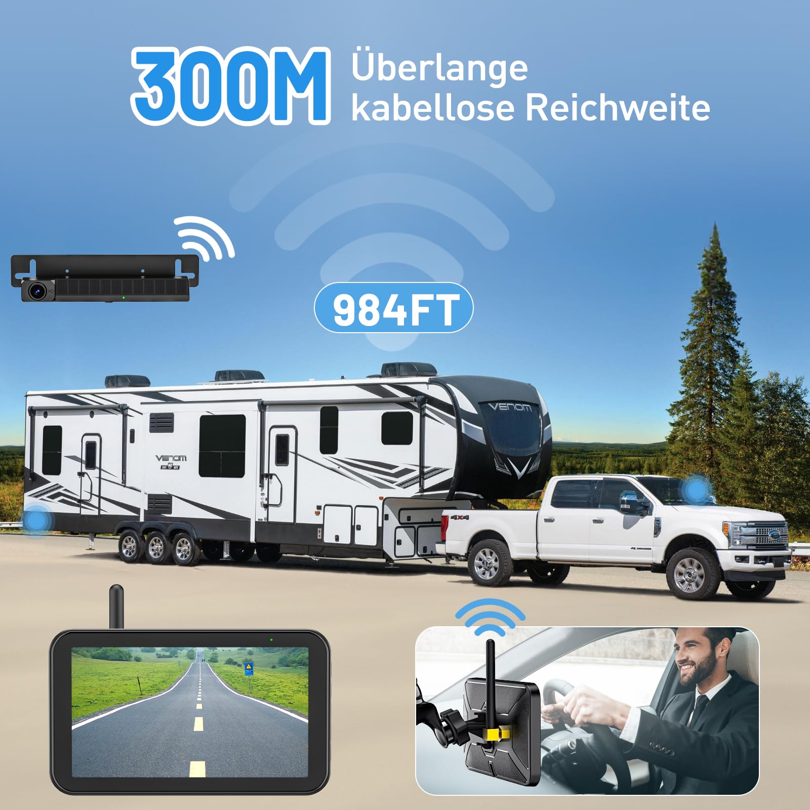 Solar Rückfahrkamera Kabellos, 5" Digital Rückfahrkamera Set 1080P Monitor, IP66 Wasserdicht für Auto LKW Van SUV Wohnmobil