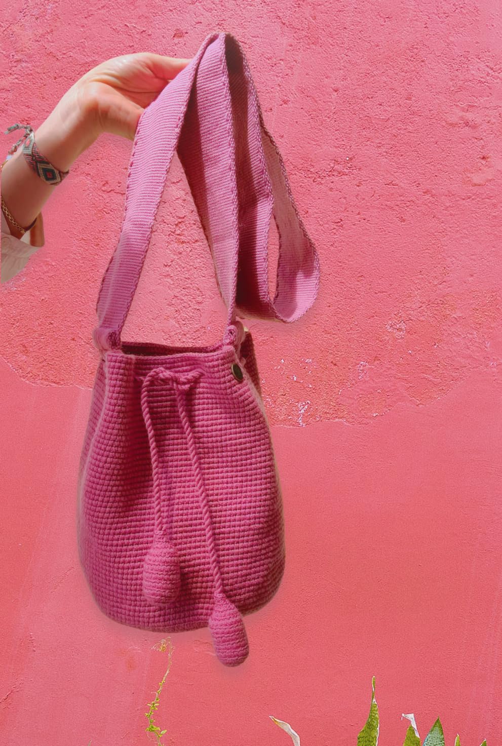 TERRA FUSION Bolso Wayuu hecho a mano | Bolsa Cubo Medio | Bolsa Ética | Rosa, rosa, Medium